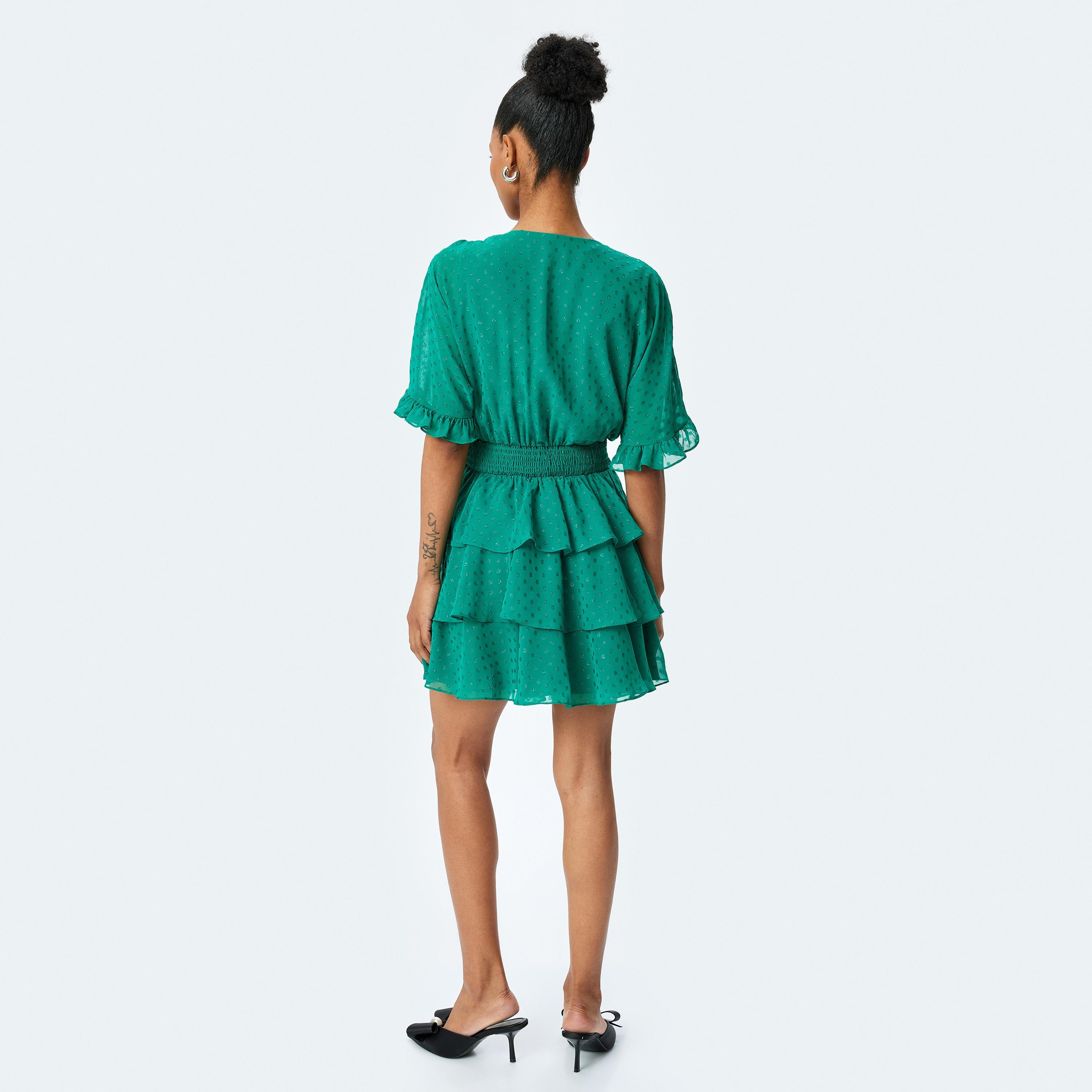 فستان قصير نسائي قصير بطبقات من دوبي بلون كوتون الأخضر بطبقة ملفوفة-women-clothing-dresses-image-3