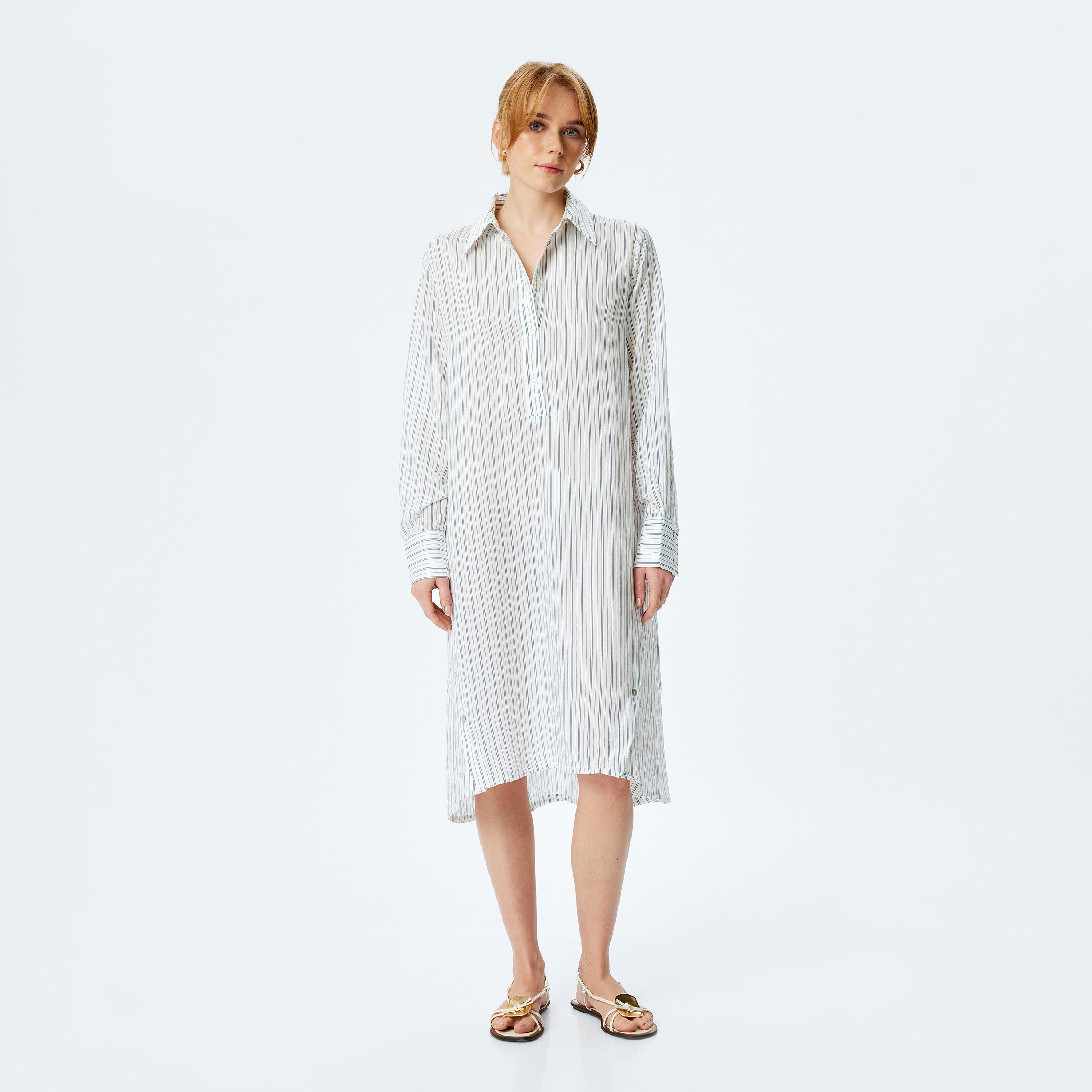 Koton Blue Striped Cuffed Sleeves Women's Shirt Midi Dress-women-clothing-dresses-image-1