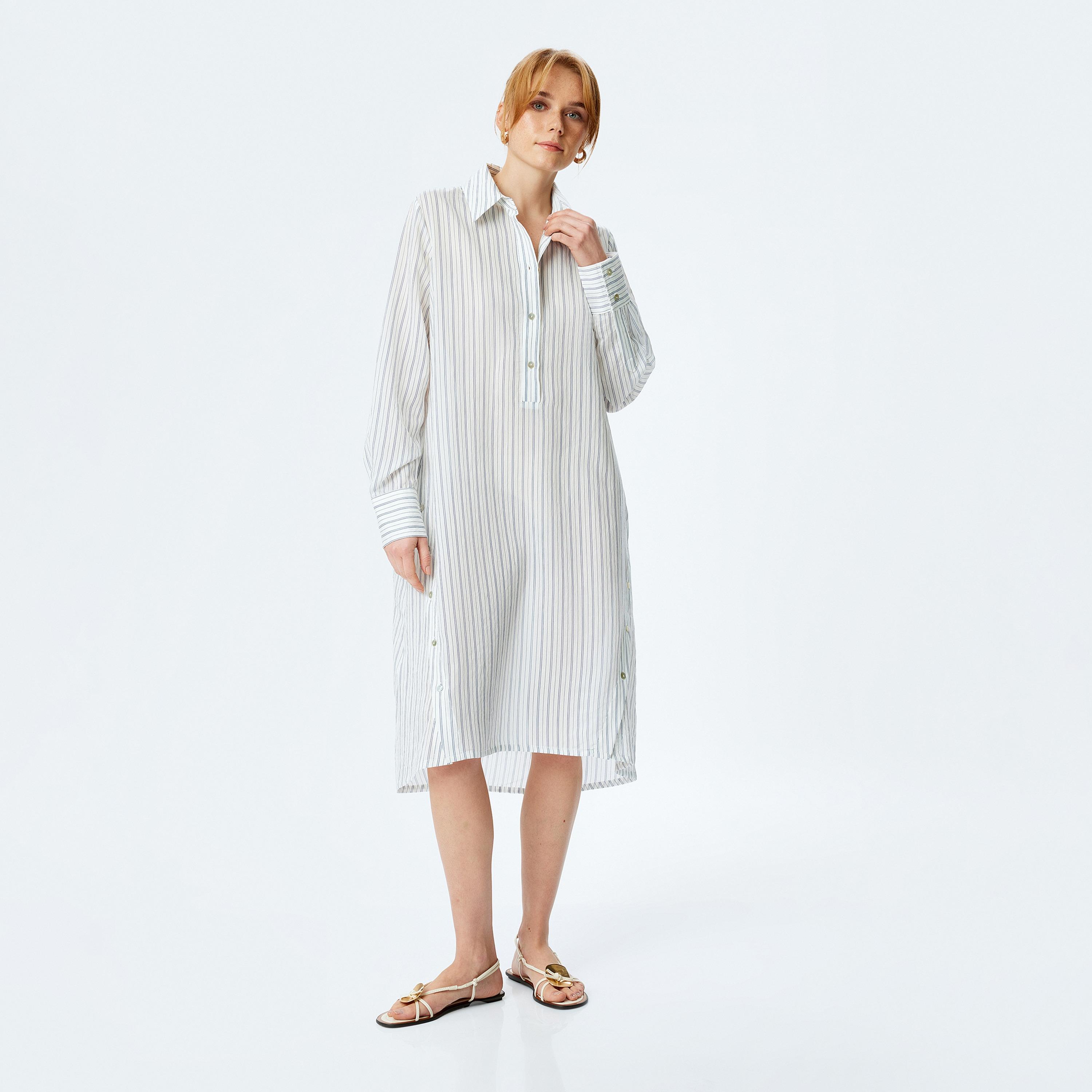 Koton Blue Striped Cuffed Sleeves Women's Shirt Midi Dress-women-clothing-dresses-image-2