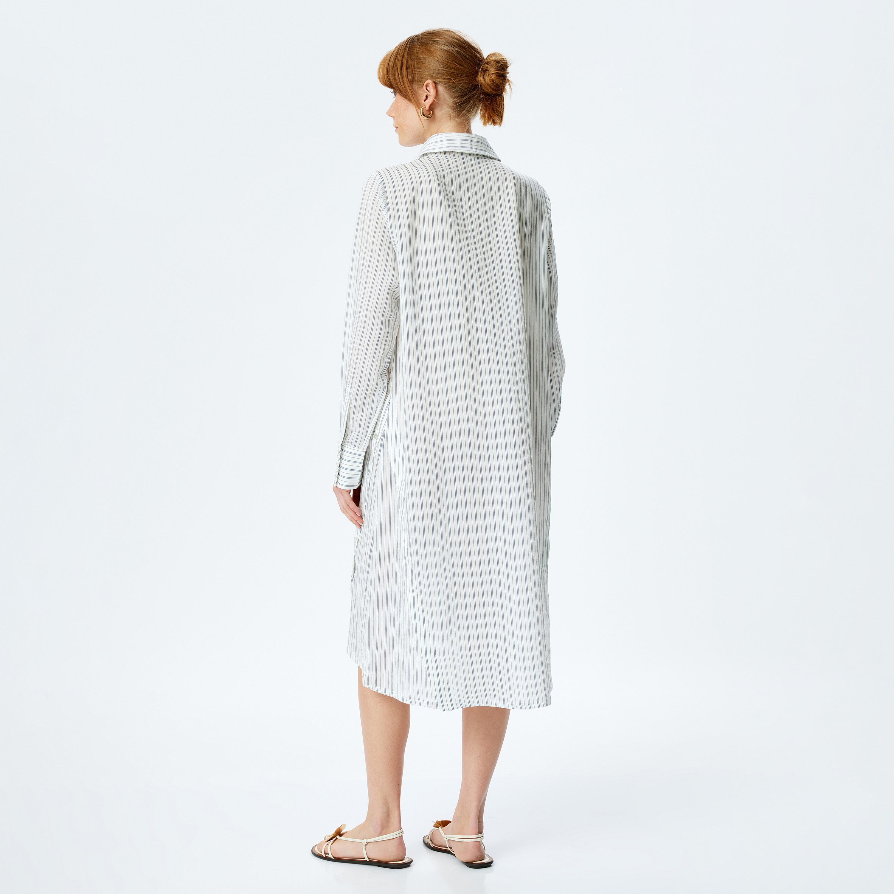 Koton Blue Striped Cuffed Sleeves Women's Shirt Midi Dress-women-clothing-dresses-image-3