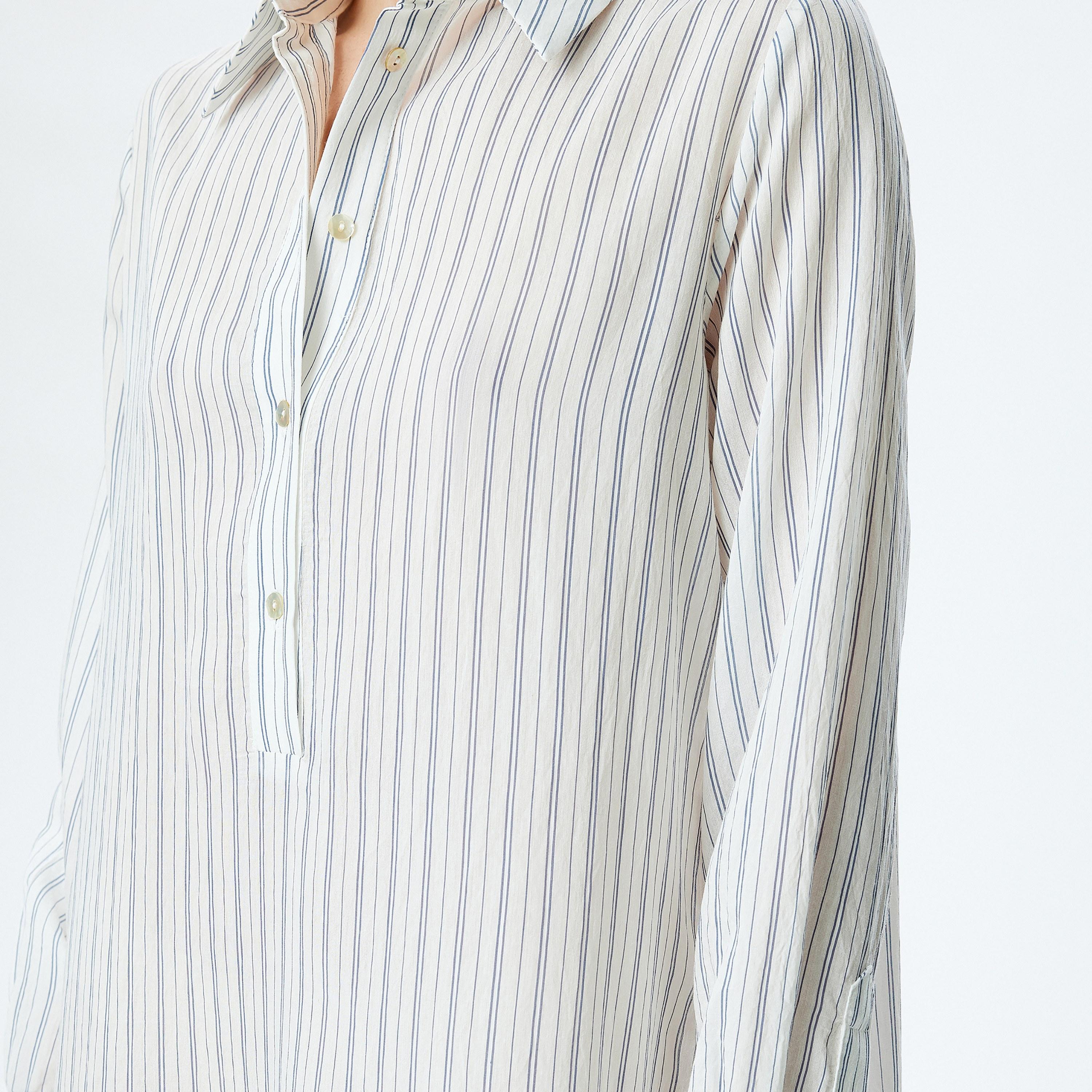 Koton Blue Striped Cuffed Sleeves Women's Shirt Midi Dress-women-clothing-dresses-image-4