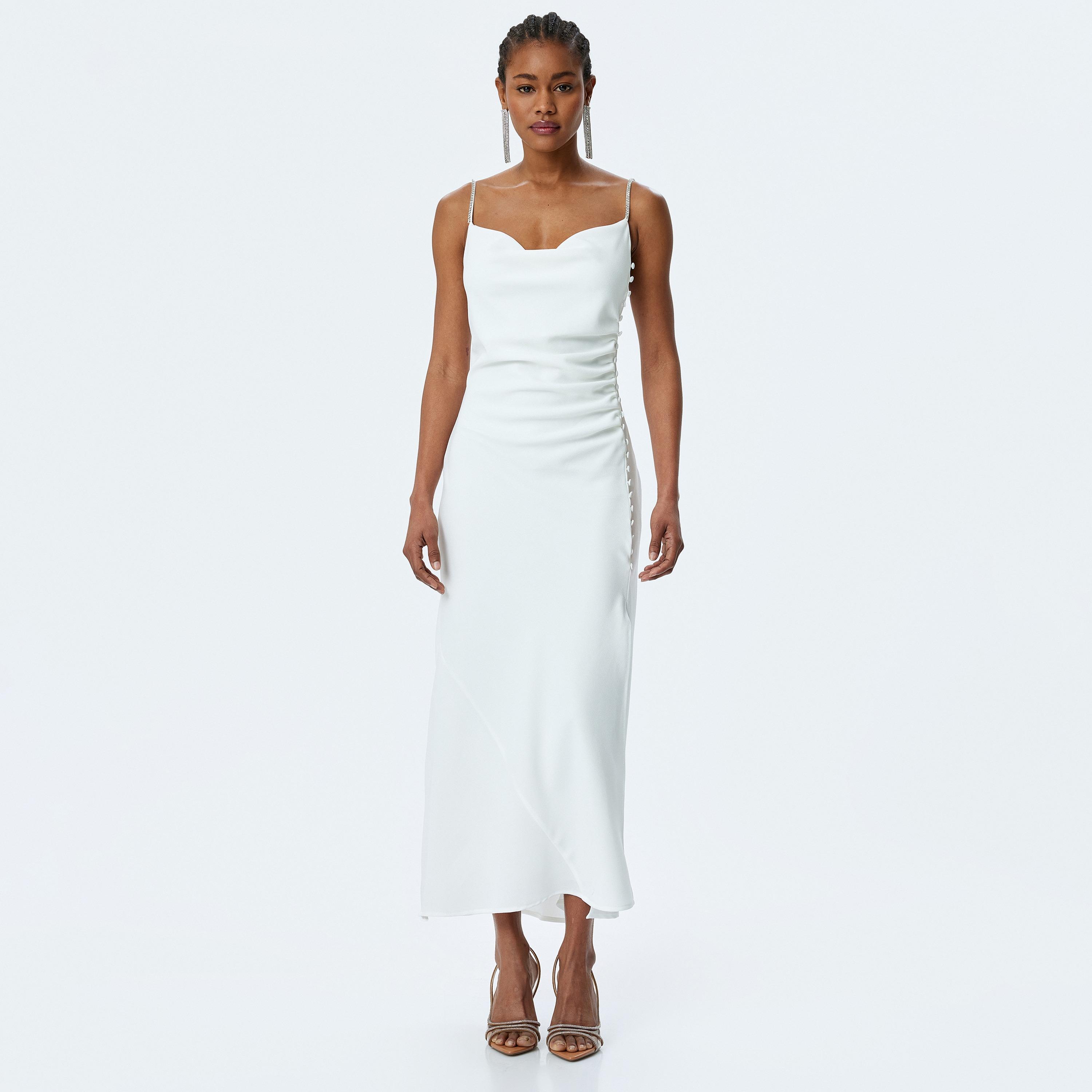 Koton White Ruched Strappy Slip Women's Midi Dress-women-clothing-dresses-image-1