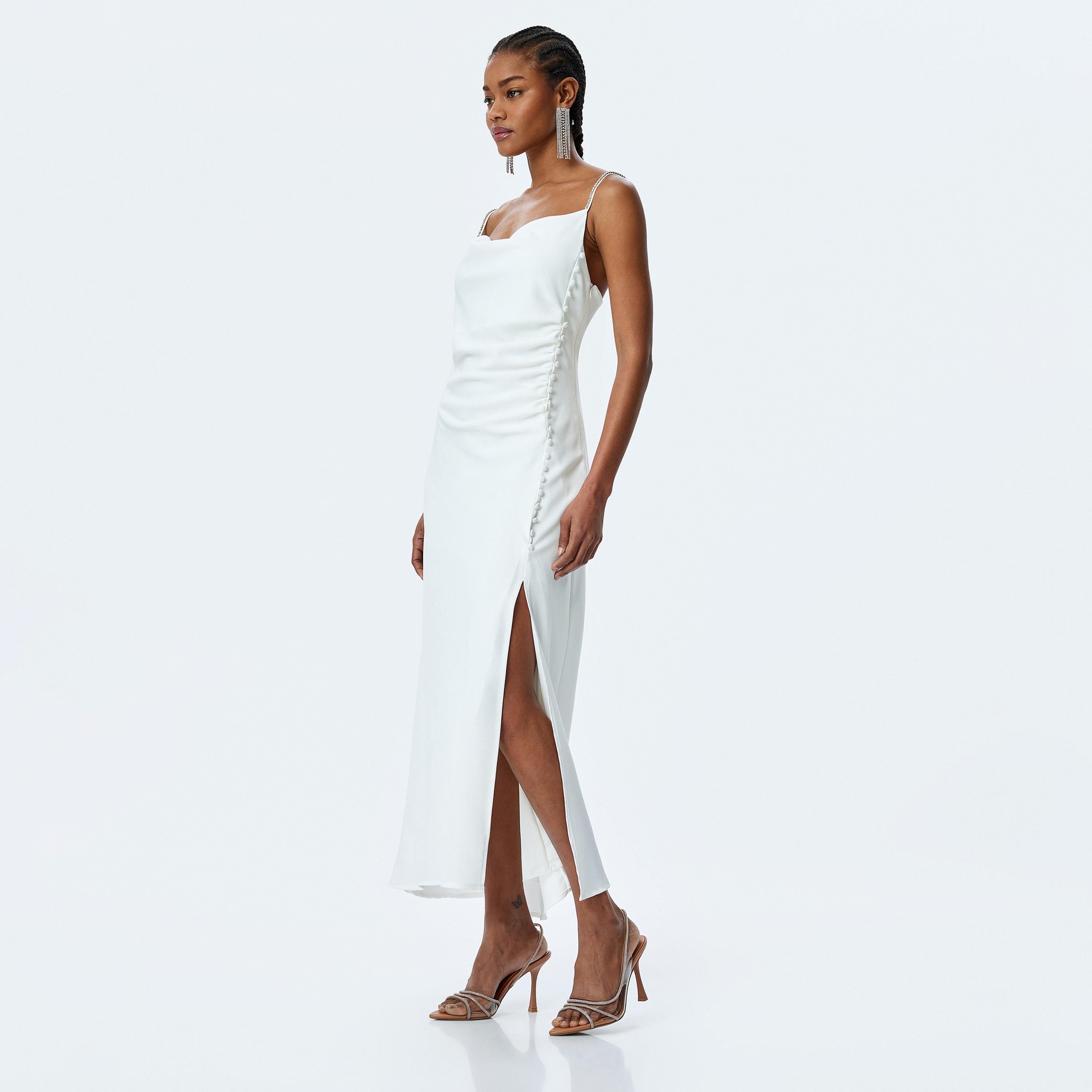 Koton White Ruched Strappy Slip Women's Midi Dress-women-clothing-dresses-image-2