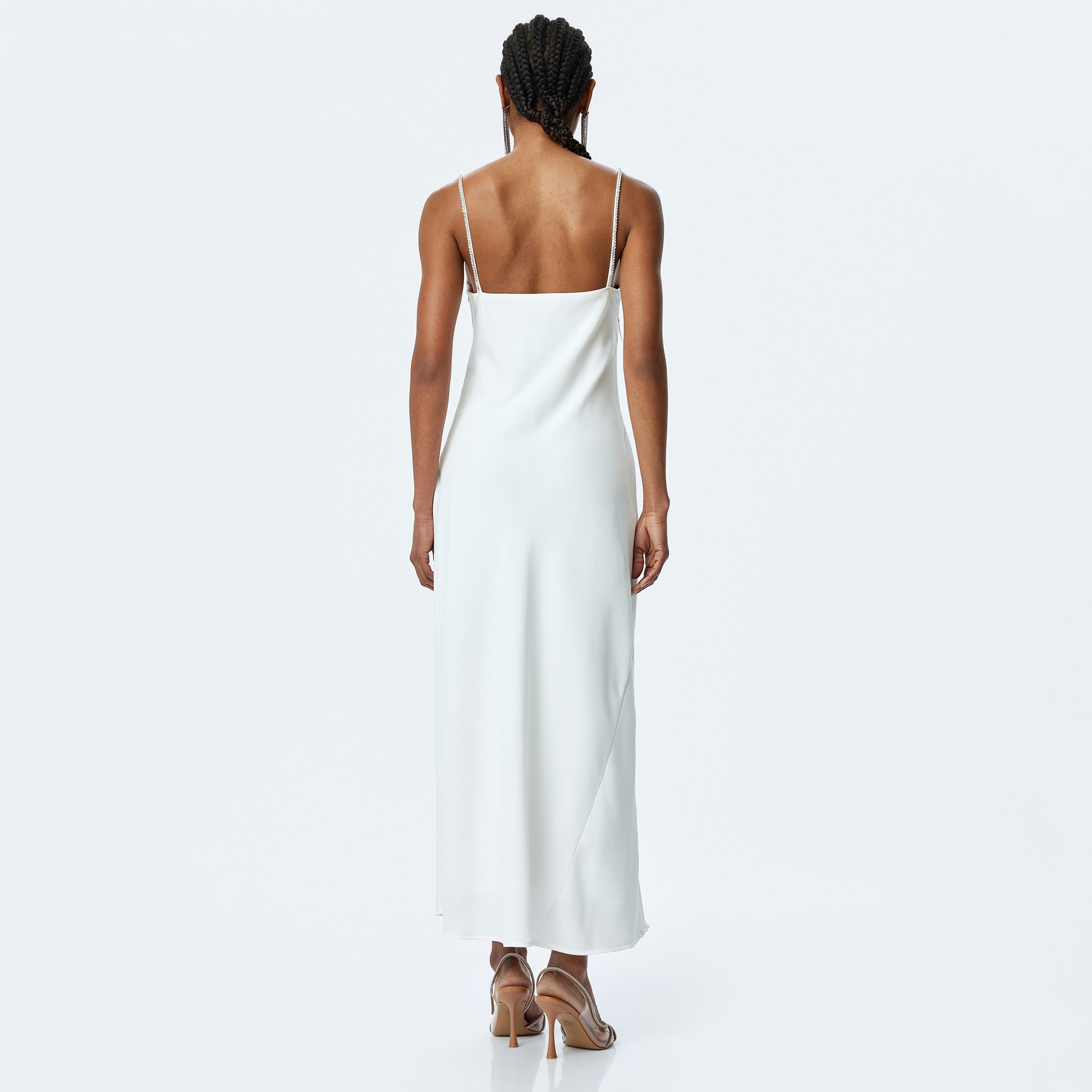 Koton White Ruched Strappy Slip Women's Midi Dress-women-clothing-dresses-image-3