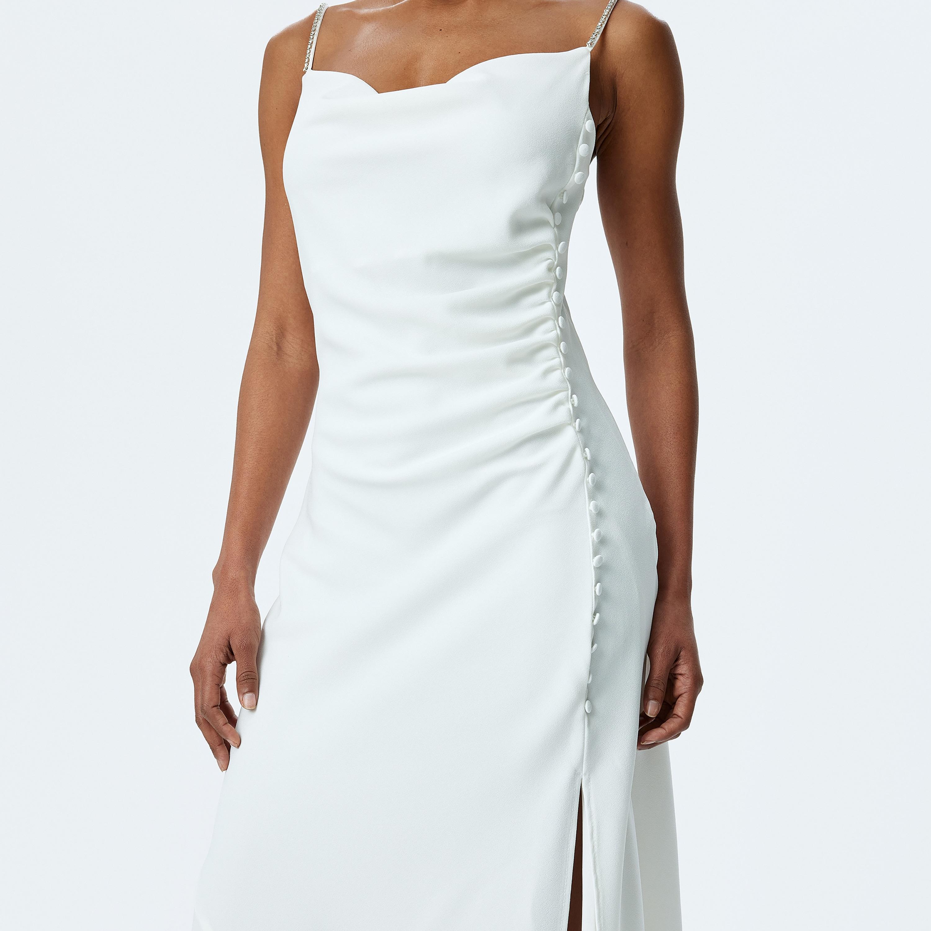 Koton White Ruched Strappy Slip Women's Midi Dress-women-clothing-dresses-image-4