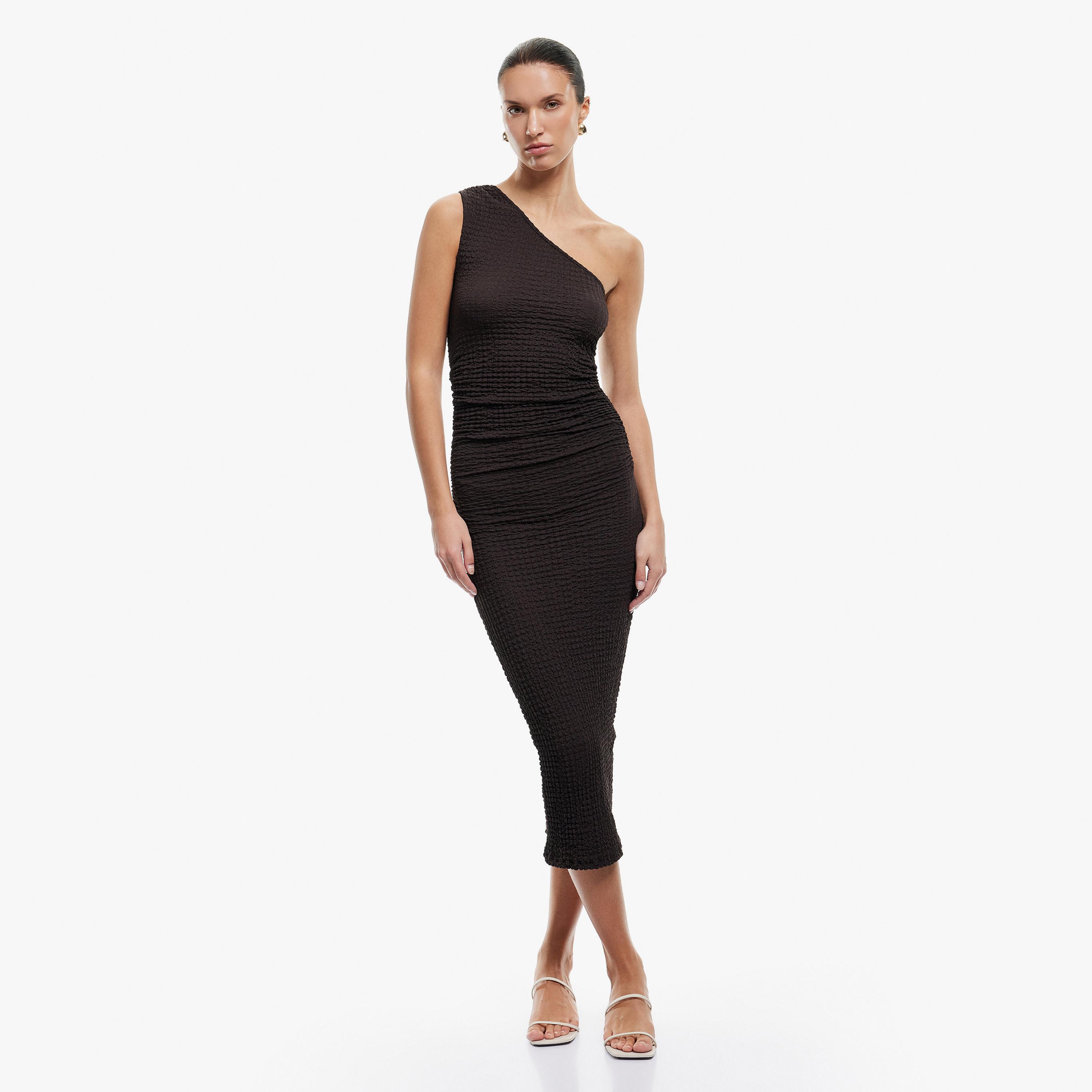 KOTON Brown Crinkled One Shoulder Bodycon Women's Midi Dress-women-clothing-dresses-image-1