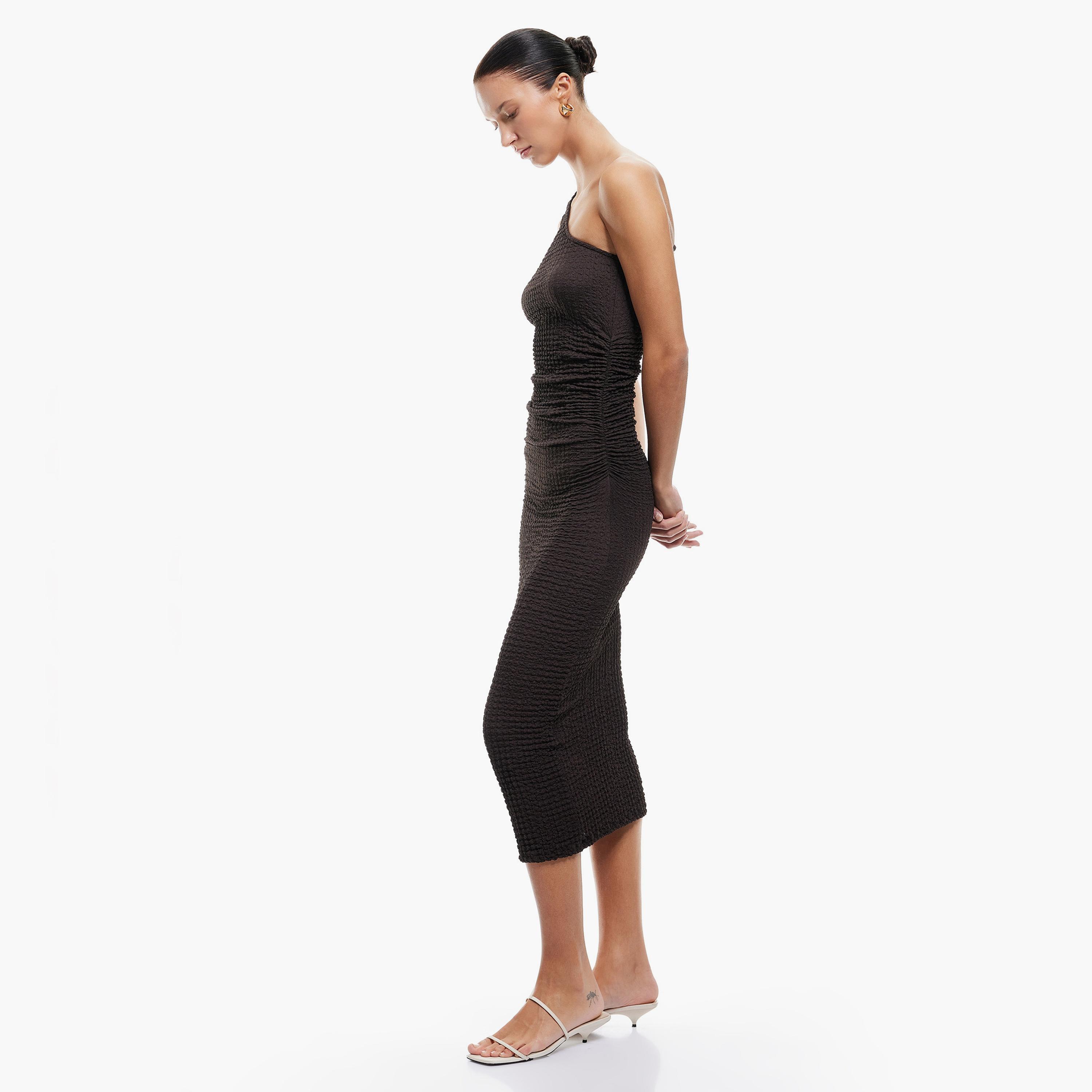 KOTON Brown Crinkled One Shoulder Bodycon Women's Midi Dress-women-clothing-dresses-image-2