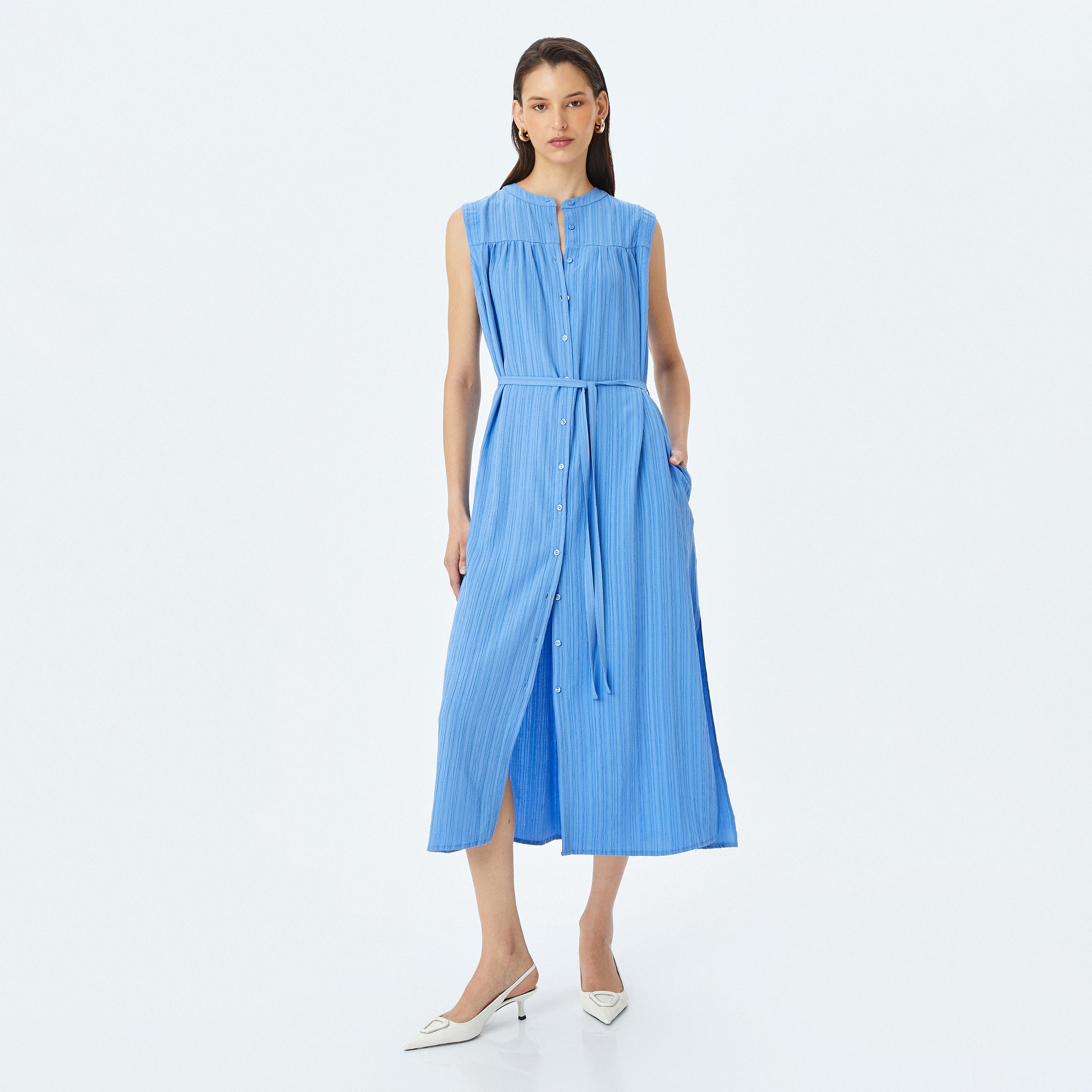 فستان نسائي ميدي بياقة ماندارين بملمس أزرق كوتون-women-clothing-dresses-image-1