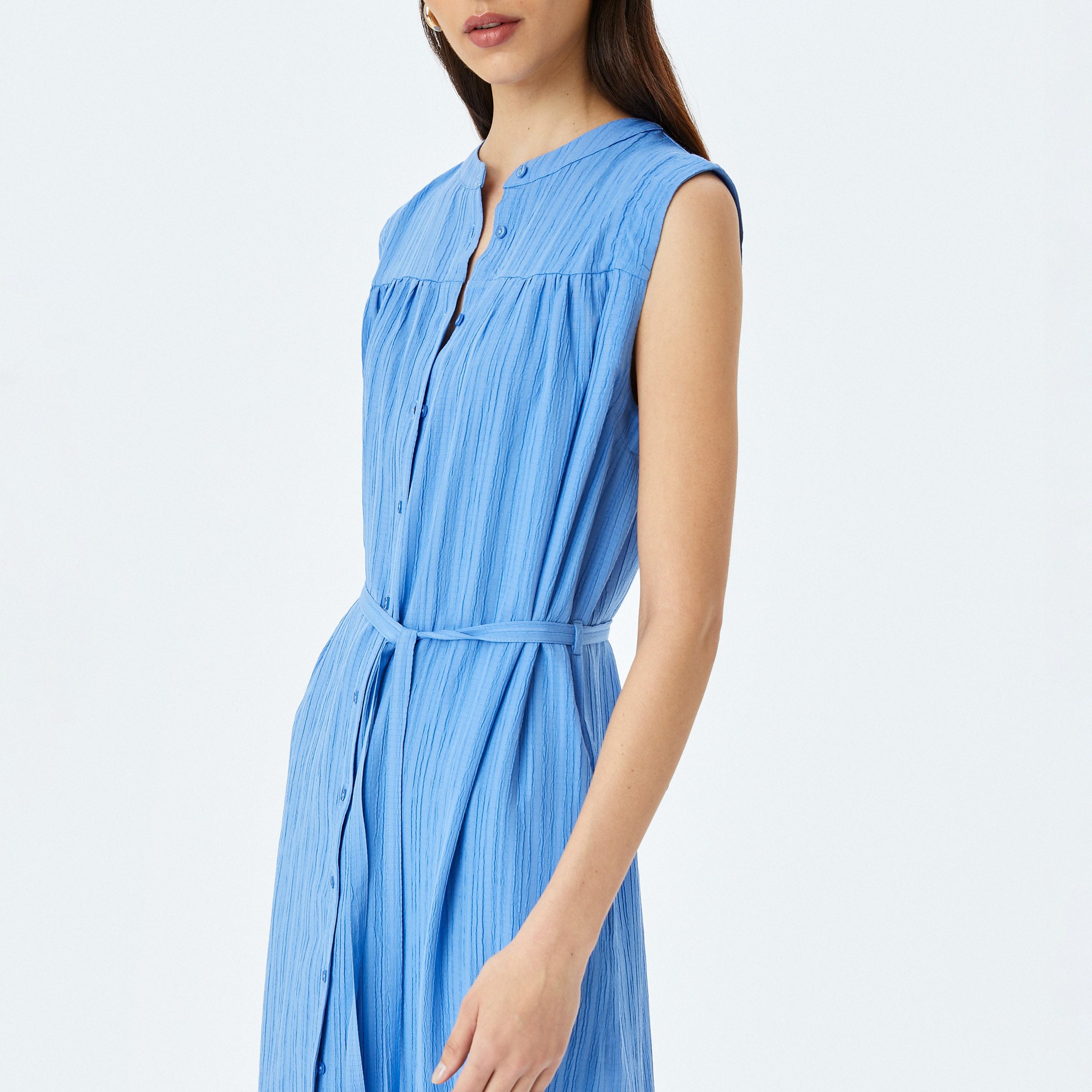 فستان نسائي ميدي بياقة ماندارين بملمس أزرق كوتون-women-clothing-dresses-image-4