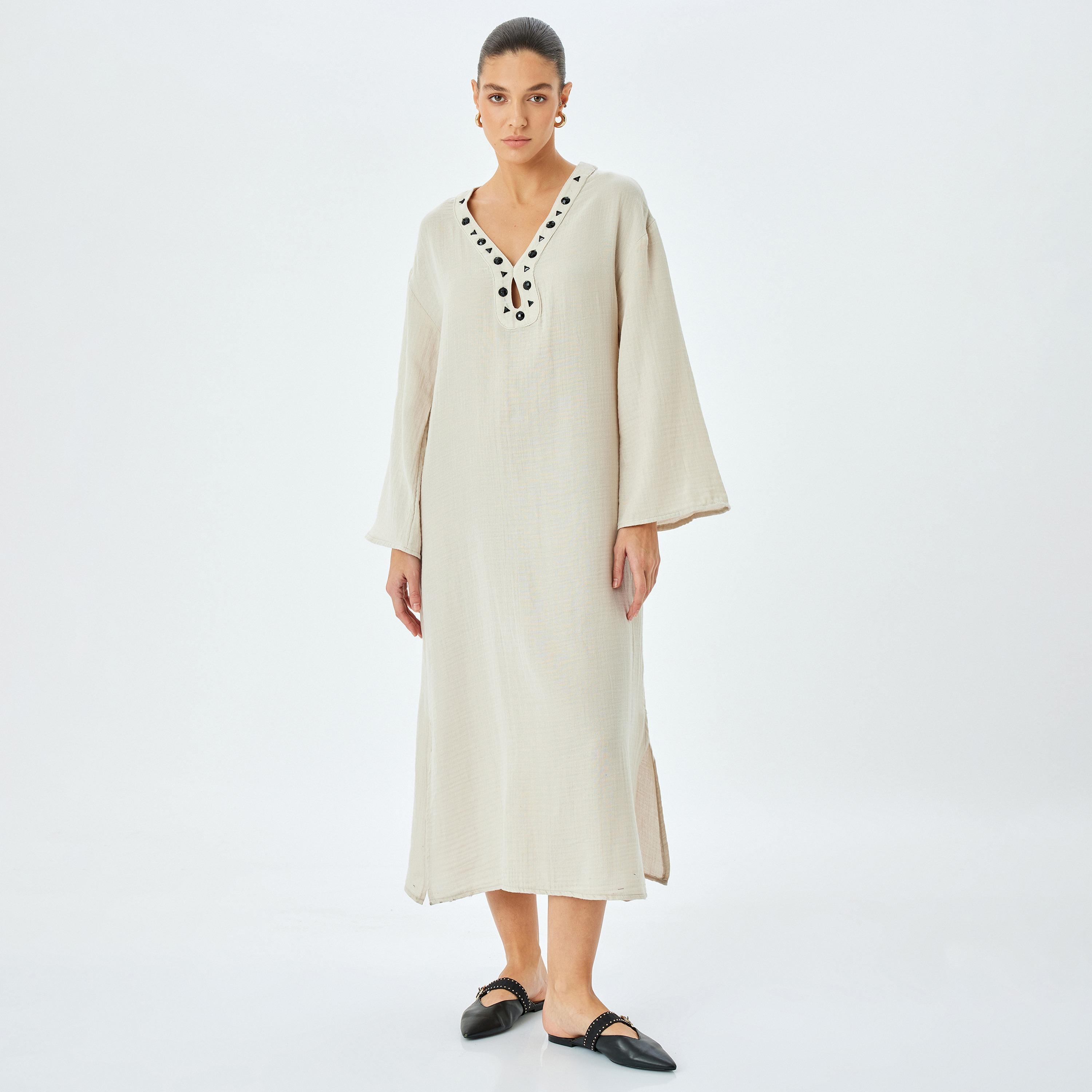 فستان نسائي بأكمام ميدي بلون بيج بلون بيج بملمس-women-clothing-dresses-image-1