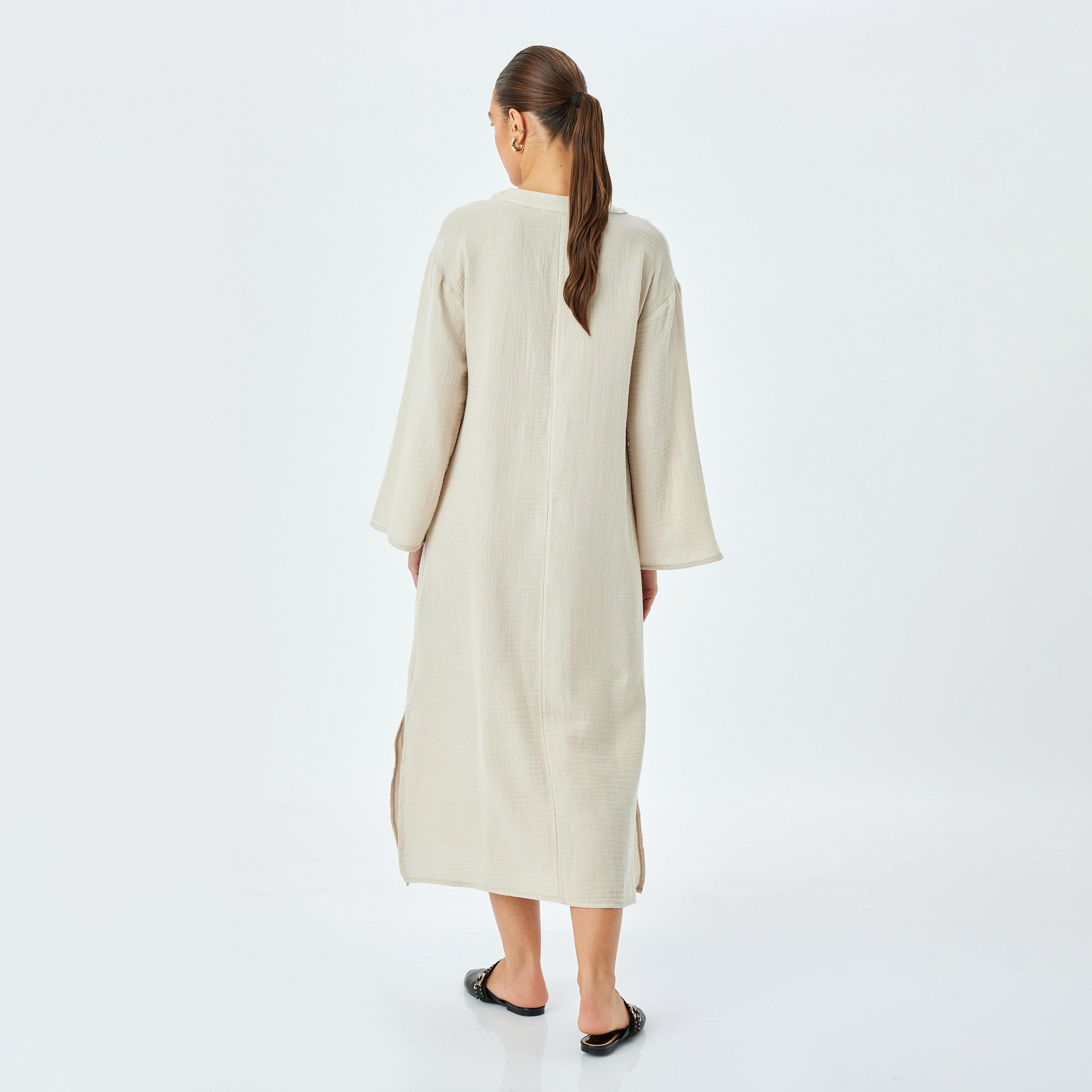 فستان نسائي بأكمام ميدي بلون بيج بلون بيج بملمس-women-clothing-dresses-image-3