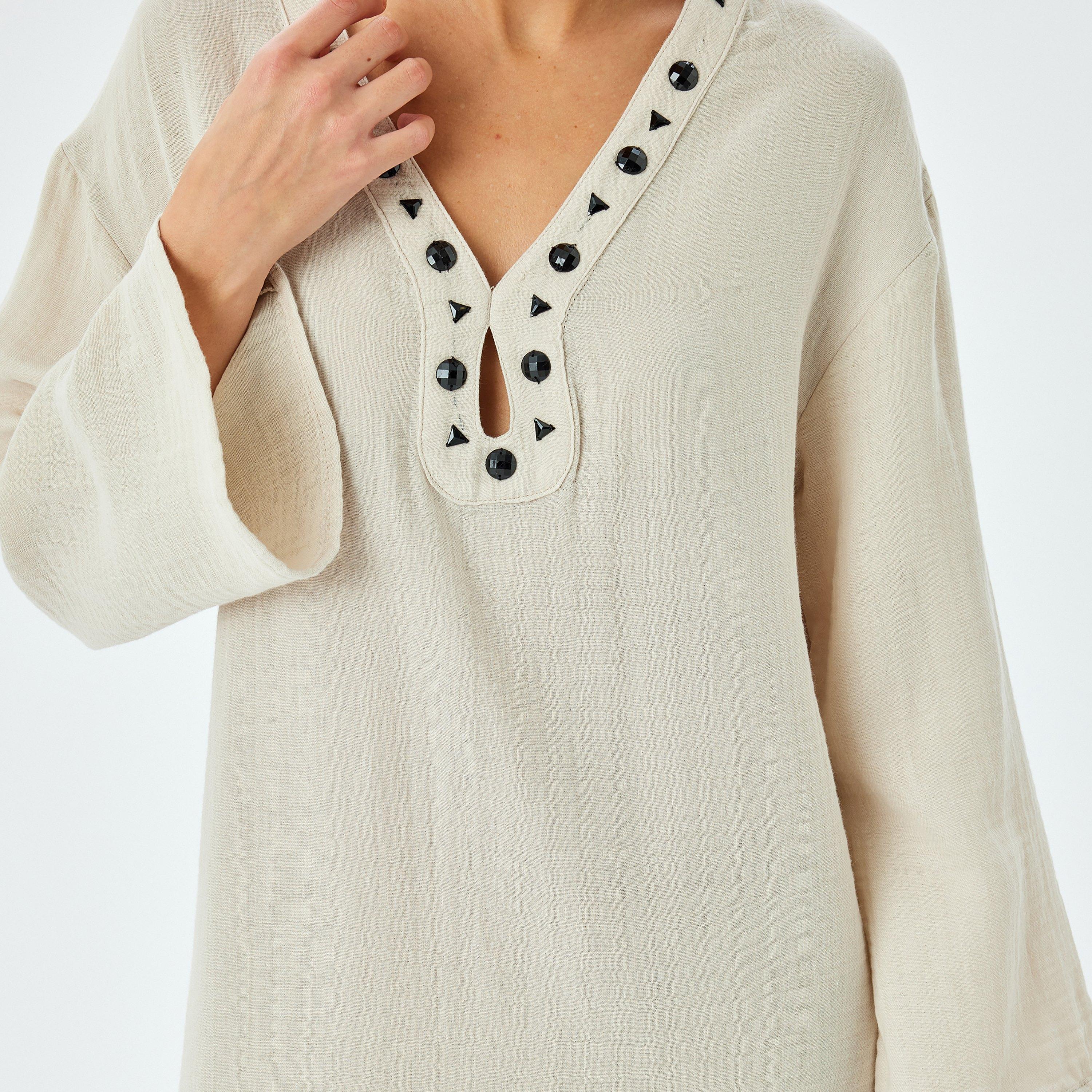 فستان نسائي بأكمام ميدي بلون بيج بلون بيج بملمس-women-clothing-dresses-image-4