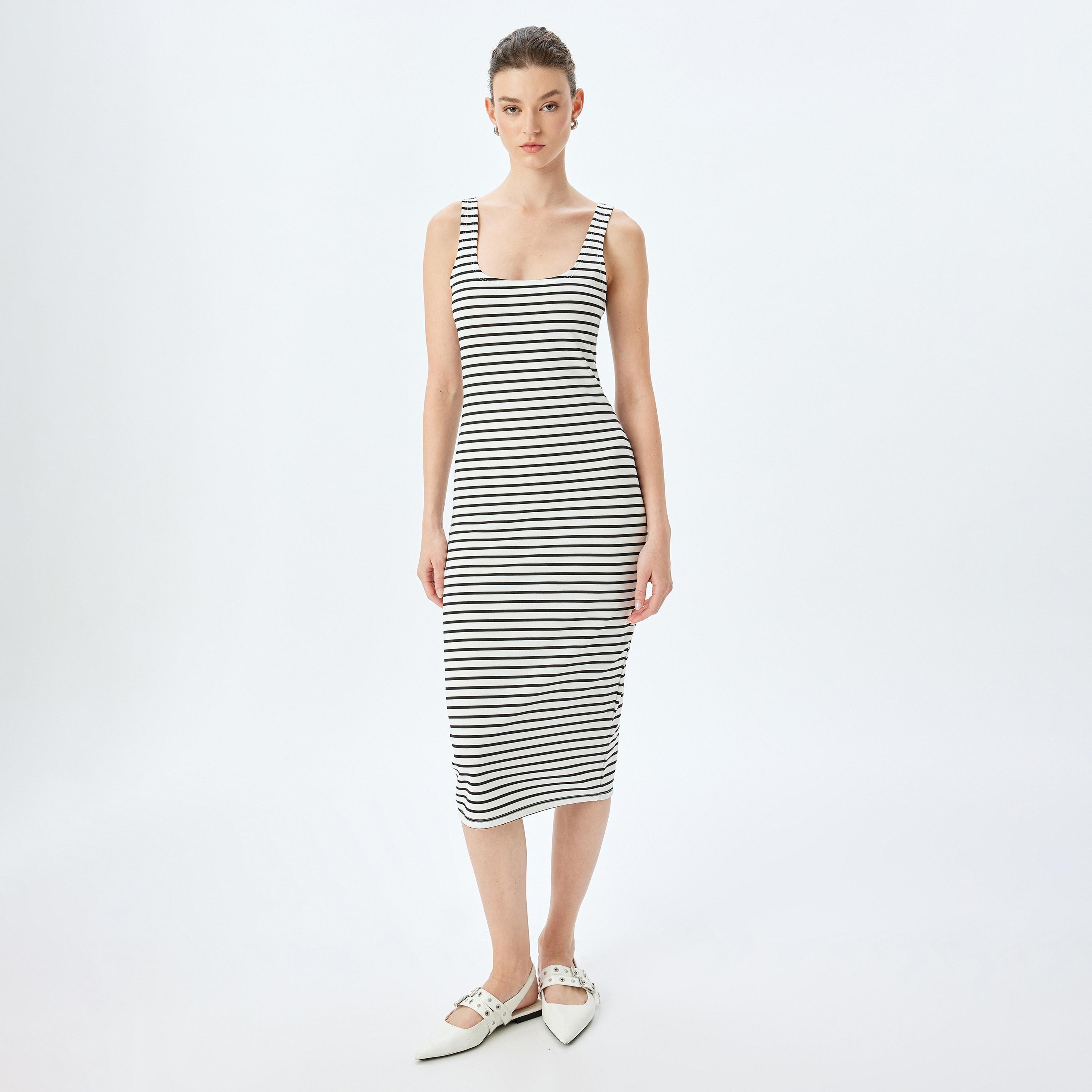 Koton Black Striped Square Neck Bodycon Women's Midi Dress-women-clothing-dresses-image-1