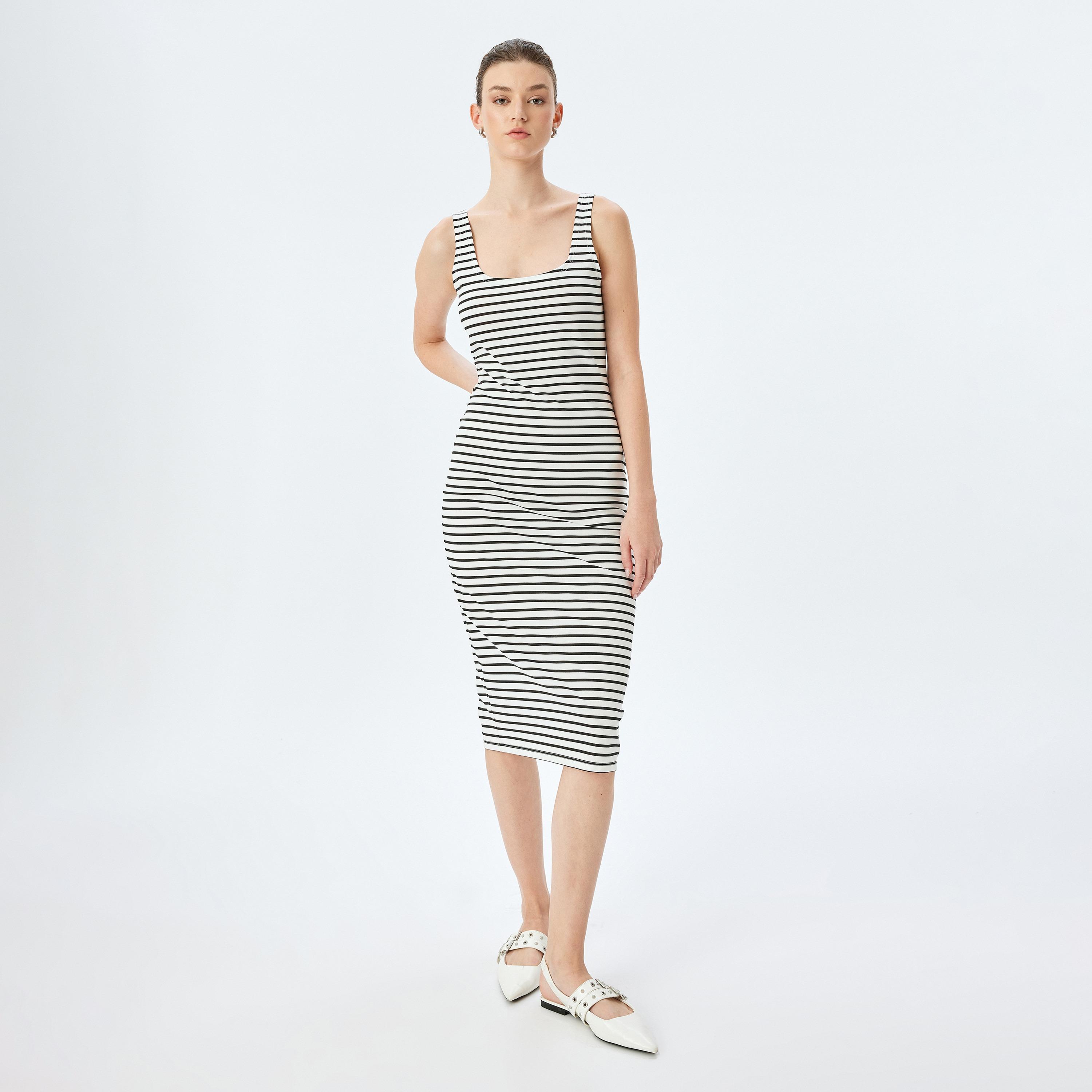 Koton Black Striped Square Neck Bodycon Women's Midi Dress-women-clothing-dresses-image-2