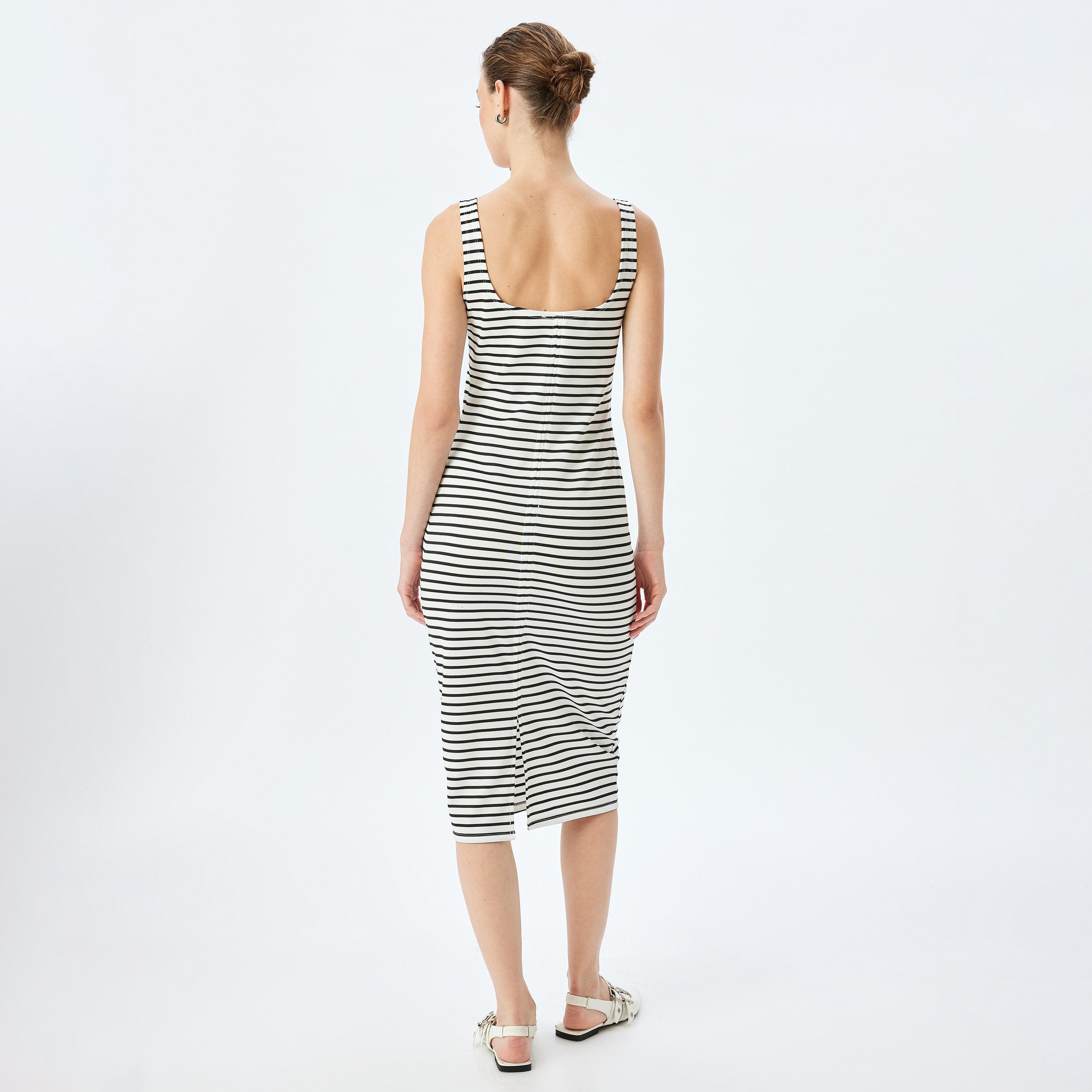 Koton Black Striped Square Neck Bodycon Women's Midi Dress-women-clothing-dresses-image-3