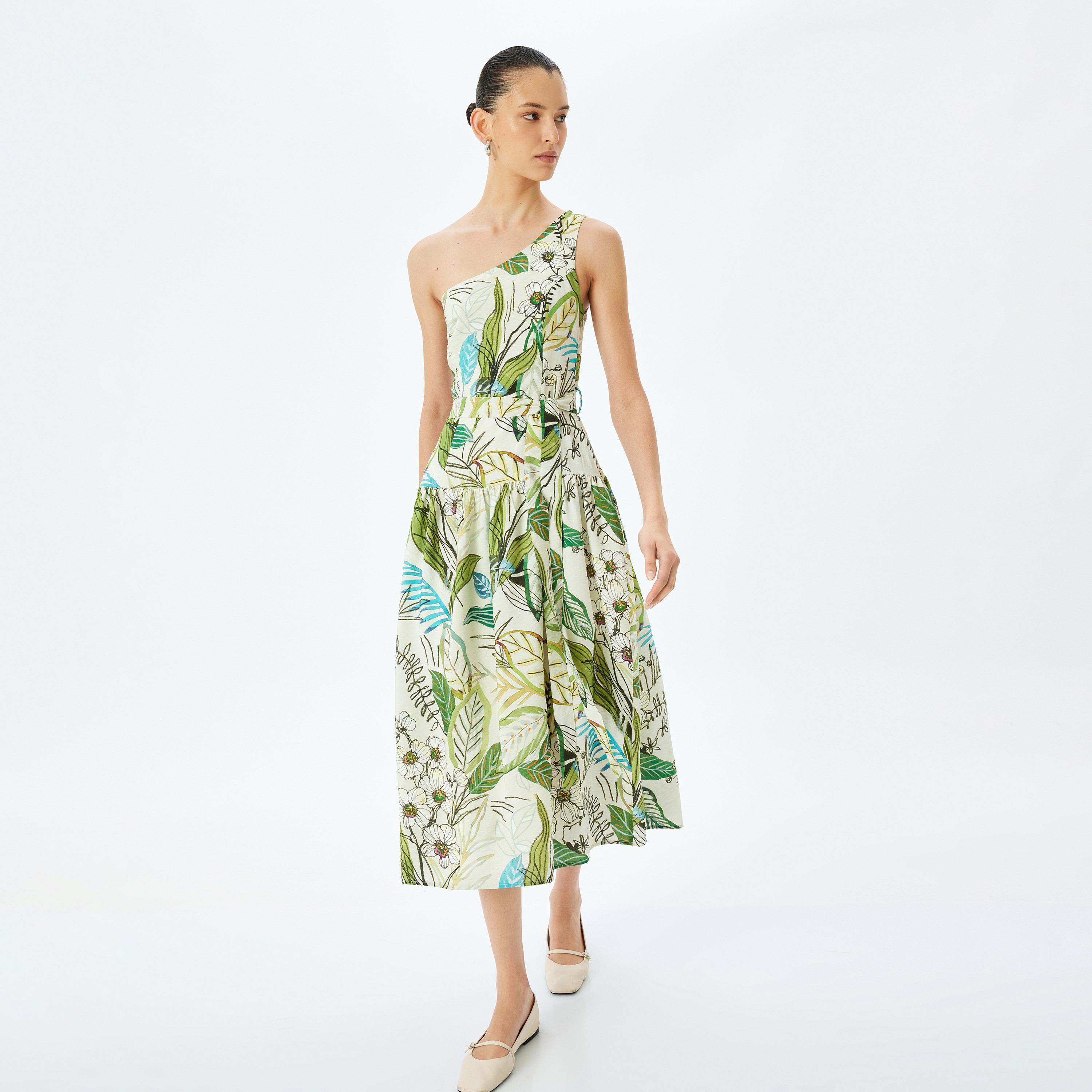 Koton Green Floral Print One Shoulder Flared Women's Midi Dress-women-clothing-dresses-image-1