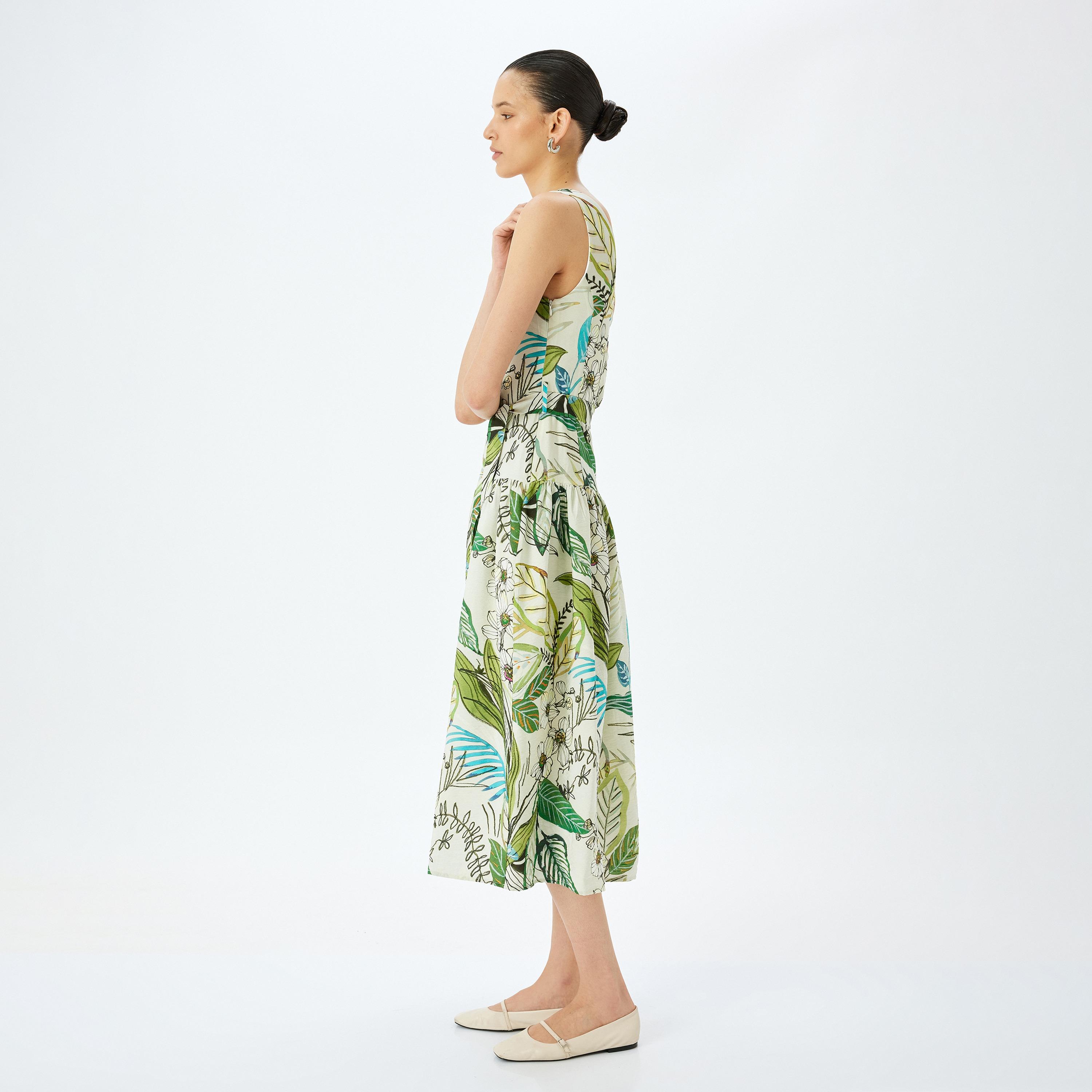 Koton Green Floral Print One Shoulder Flared Women's Midi Dress-women-clothing-dresses-image-2