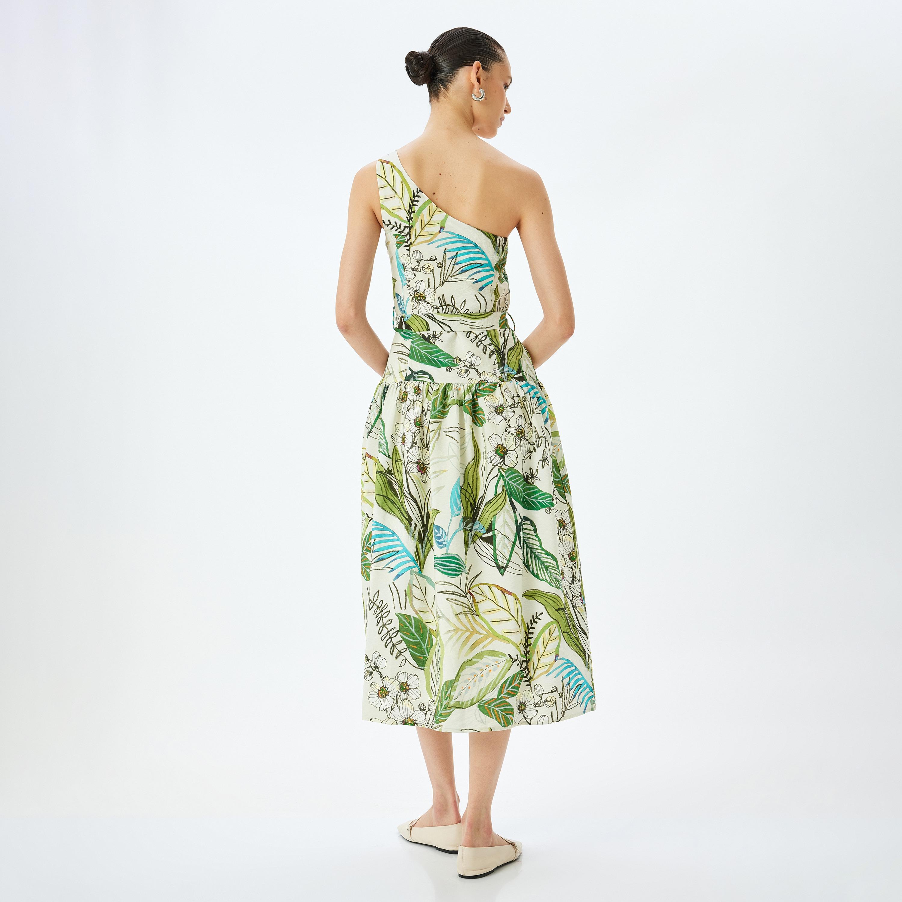 Koton Green Floral Print One Shoulder Flared Women's Midi Dress-women-clothing-dresses-image-3
