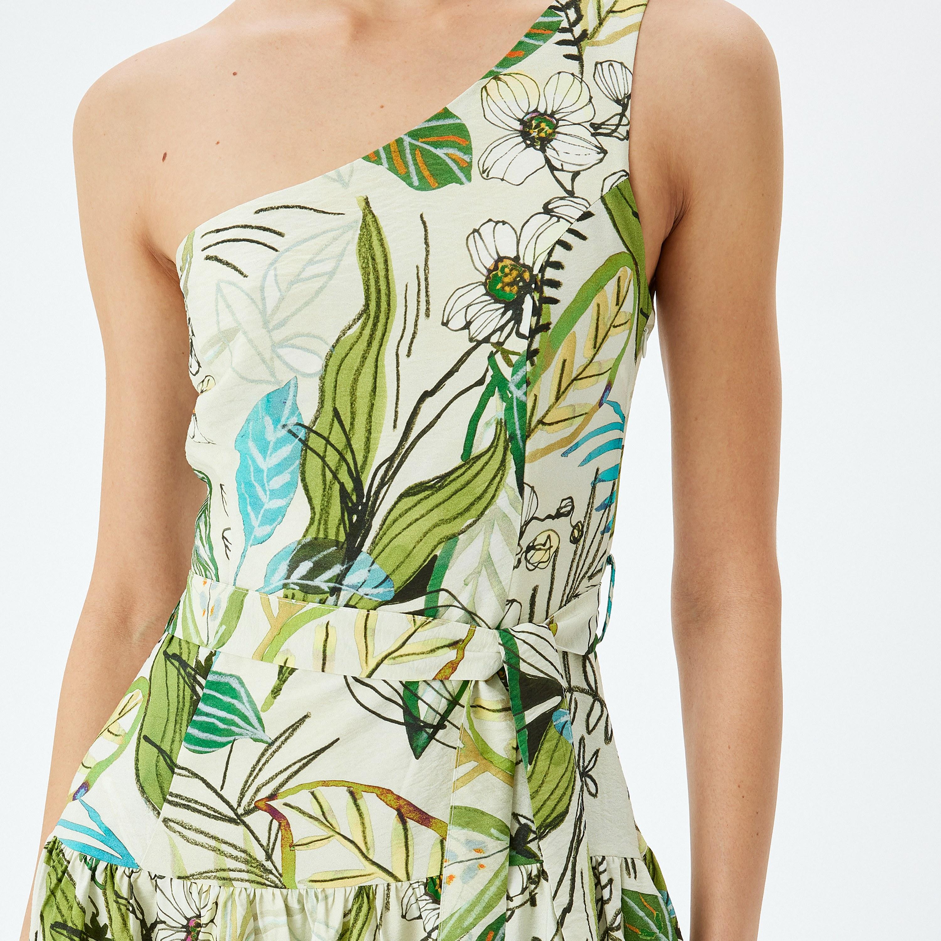 Koton Green Floral Print One Shoulder Flared Women's Midi Dress-women-clothing-dresses-image-4
