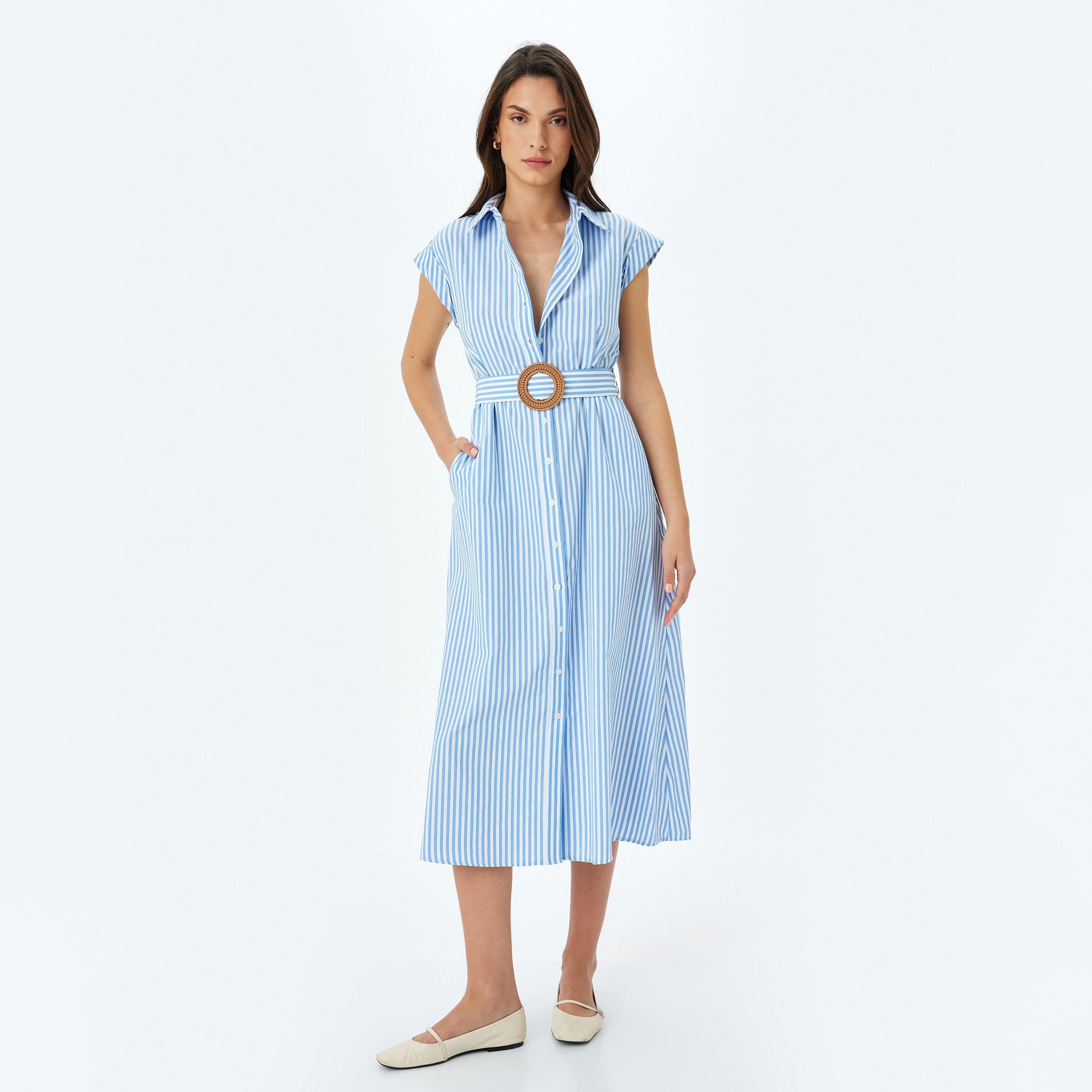 Koton Blue Striped Cap Sleeves Women's Shirt Midi Dress-women-clothing-dresses-image-1