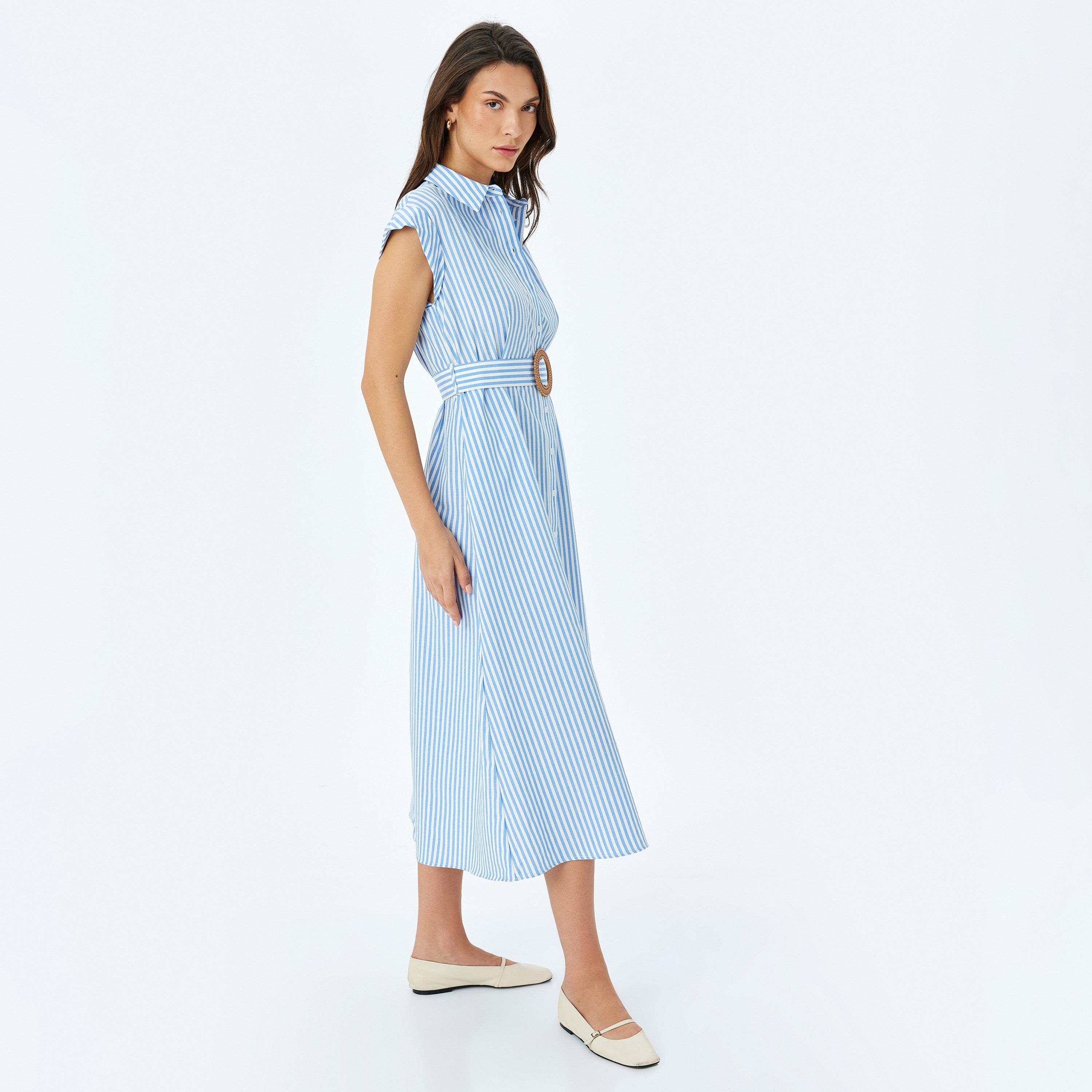 Koton Blue Striped Cap Sleeves Women's Shirt Midi Dress-women-clothing-dresses-image-2