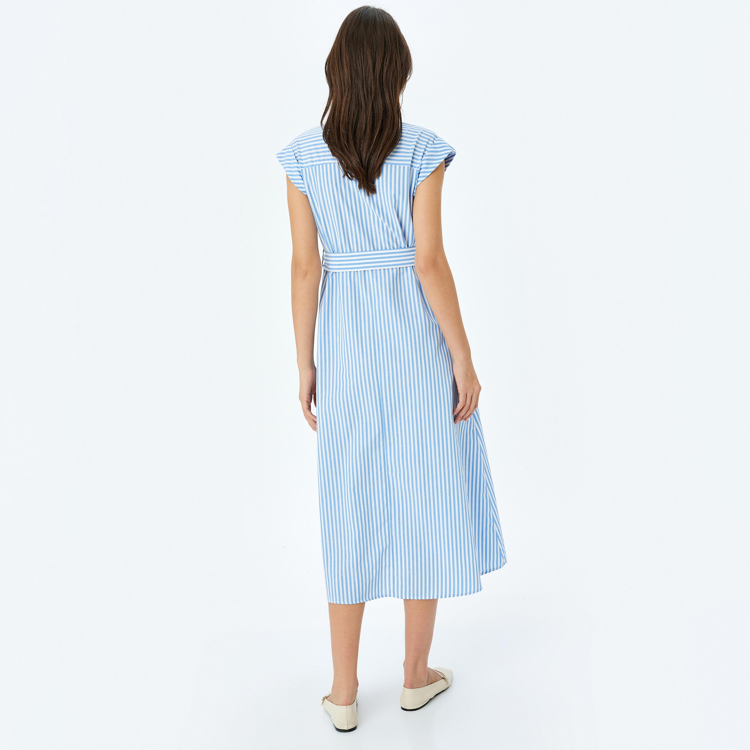 Koton Blue Striped Cap Sleeves Women's Shirt Midi Dress-women-clothing-dresses-image-3