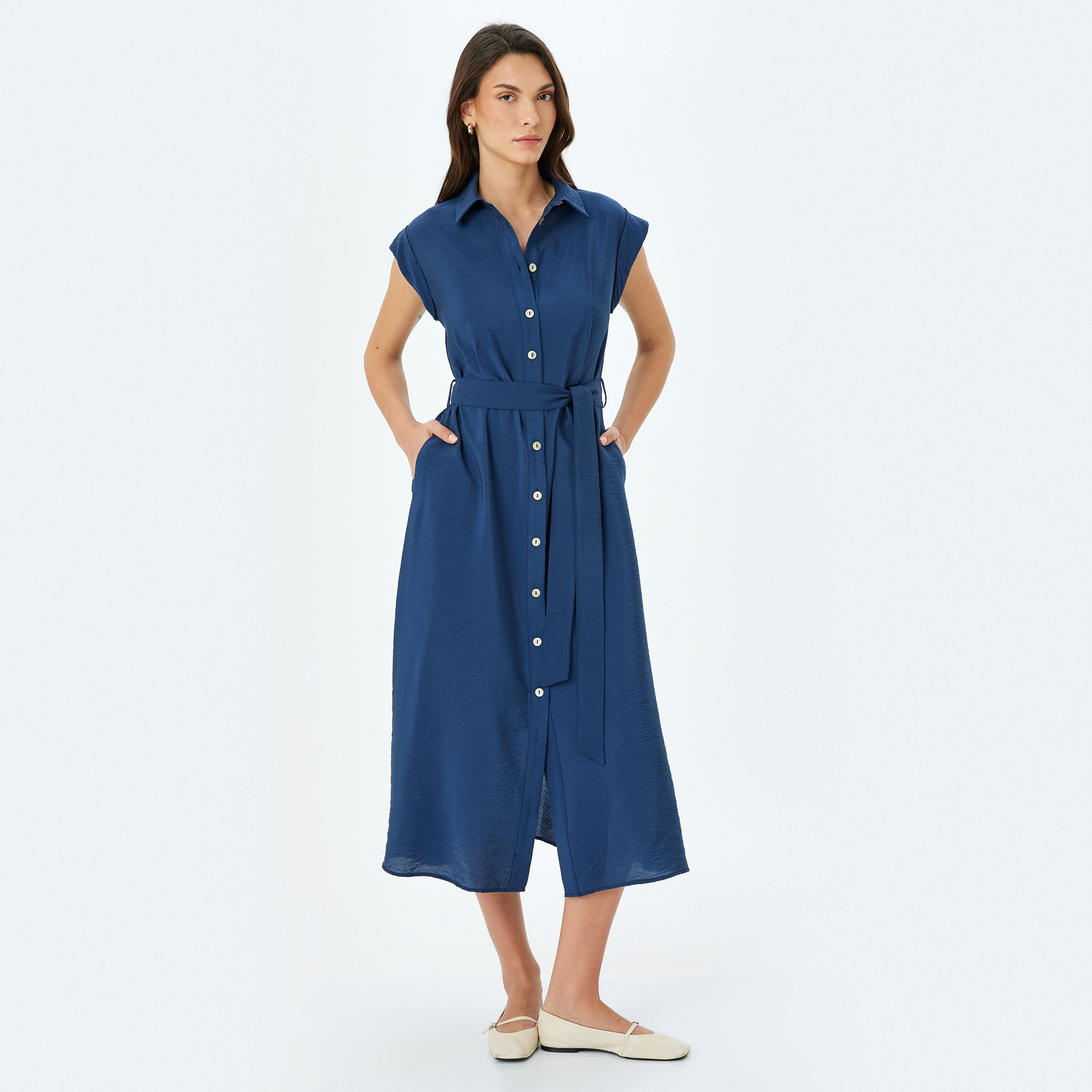 كوتون بأكمام قبعة زرقاء داكنة، قميص نسائي فستان ميدي-women-clothing-dresses-image-1