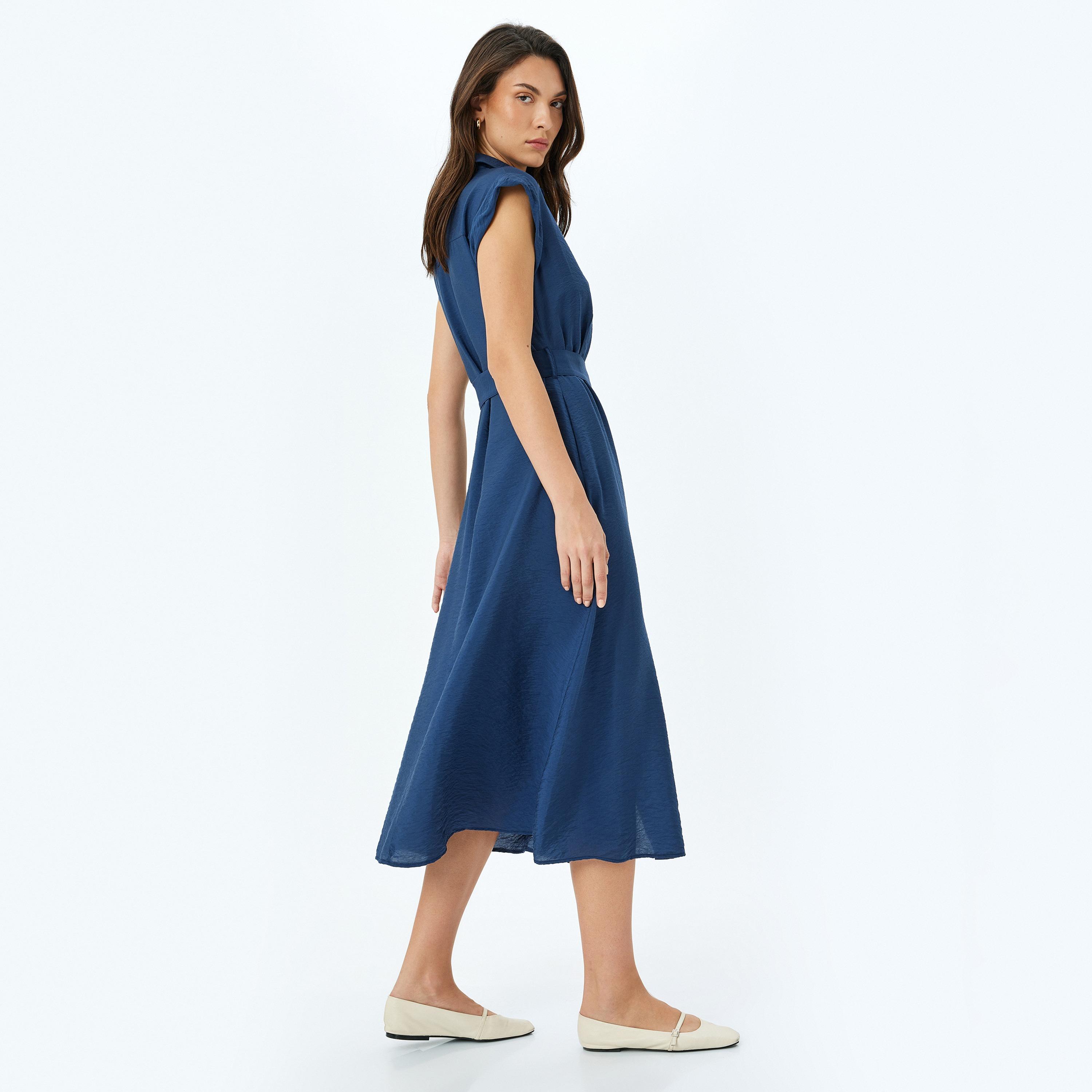 كوتون بأكمام قبعة زرقاء داكنة، قميص نسائي فستان ميدي-women-clothing-dresses-image-2