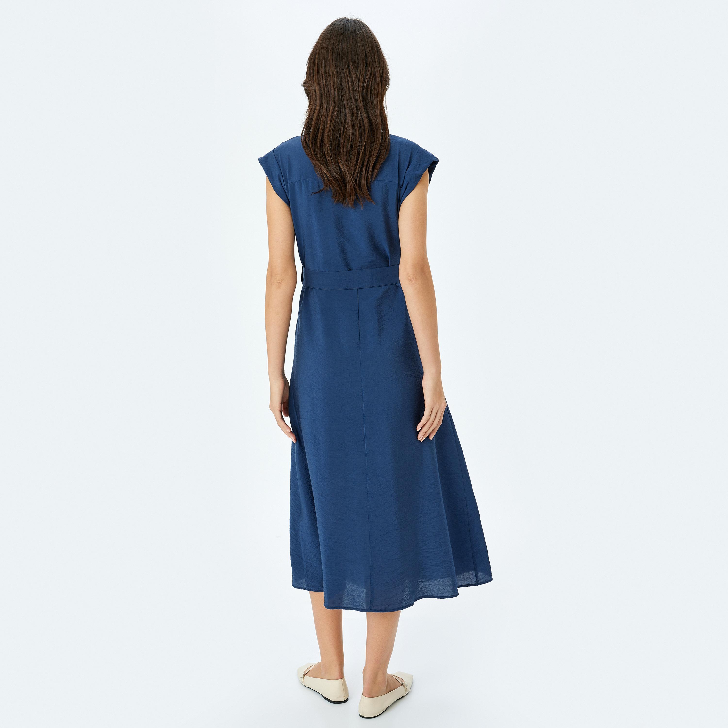 كوتون بأكمام قبعة زرقاء داكنة، قميص نسائي فستان ميدي-women-clothing-dresses-image-3