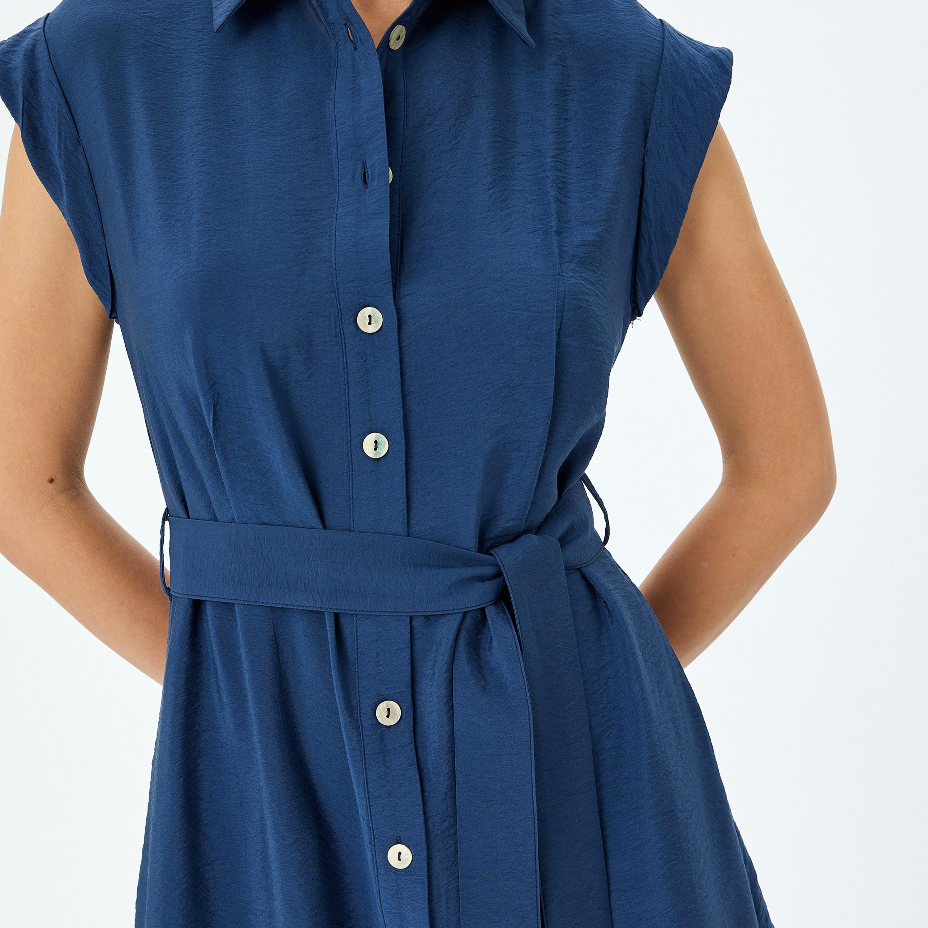 كوتون بأكمام قبعة زرقاء داكنة، قميص نسائي فستان ميدي-women-clothing-dresses-image-4