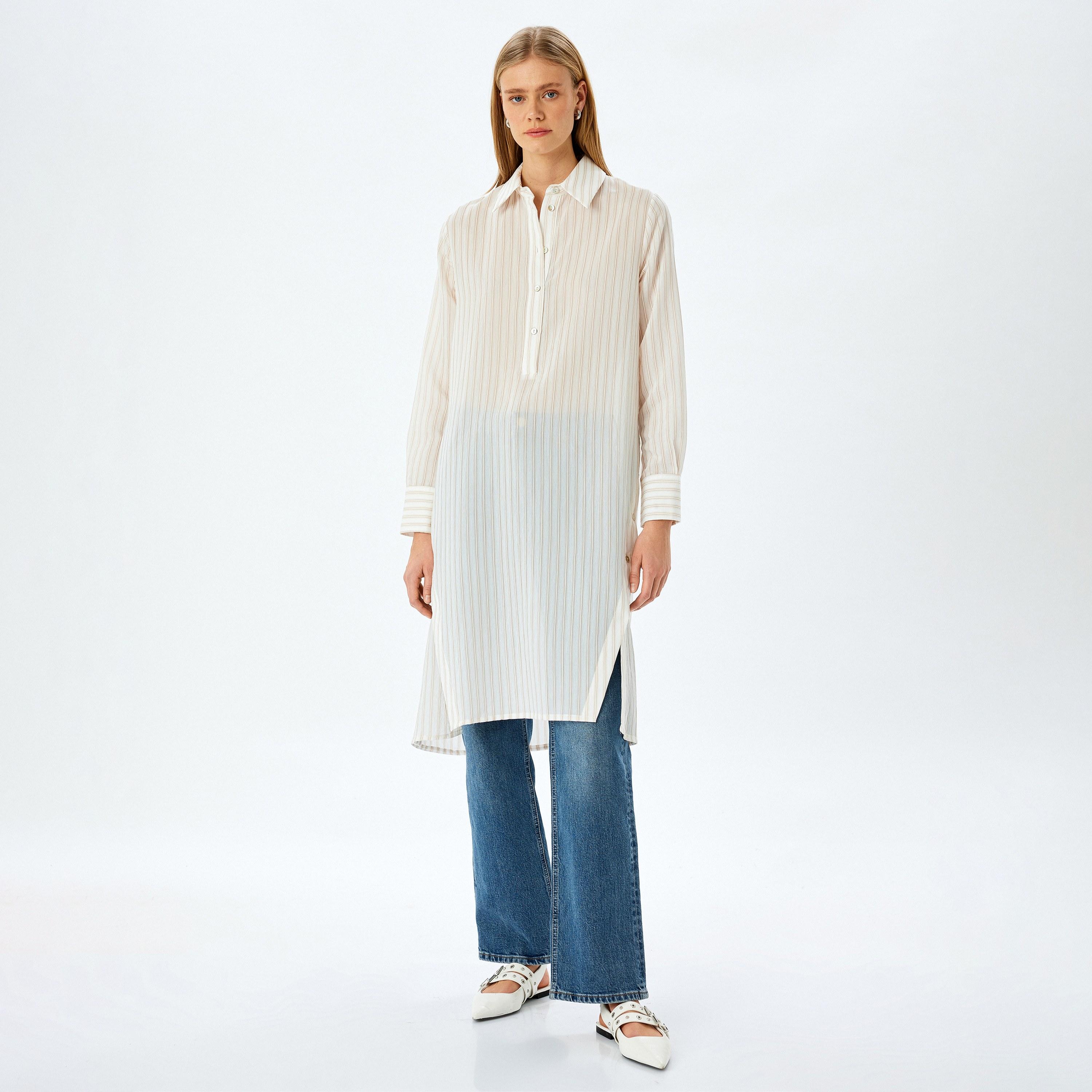 Koton Beige Striped Women's Shirt Midi Dress-women-clothing-dresses-image-1