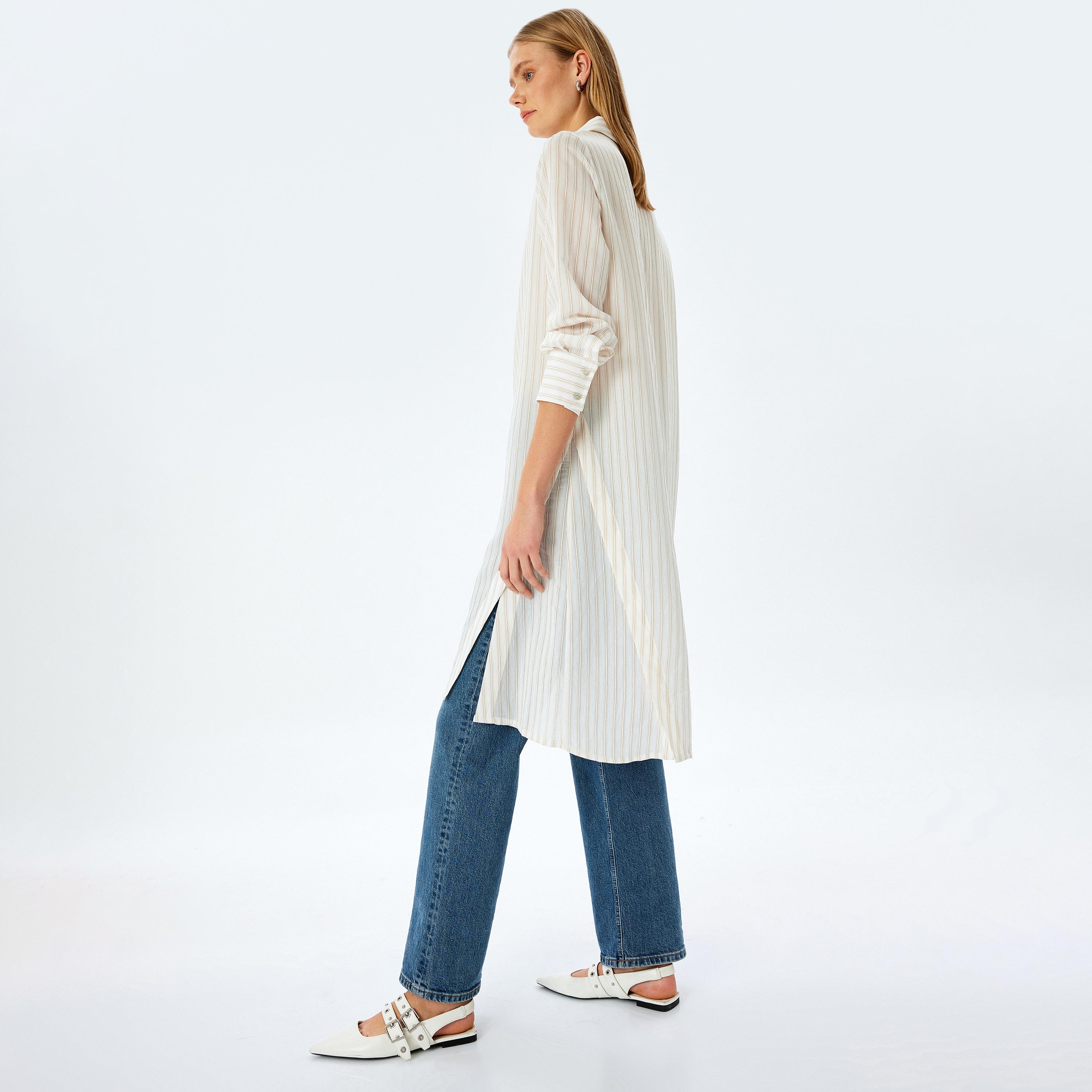 Koton Beige Striped Women's Shirt Midi Dress-women-clothing-dresses-image-2