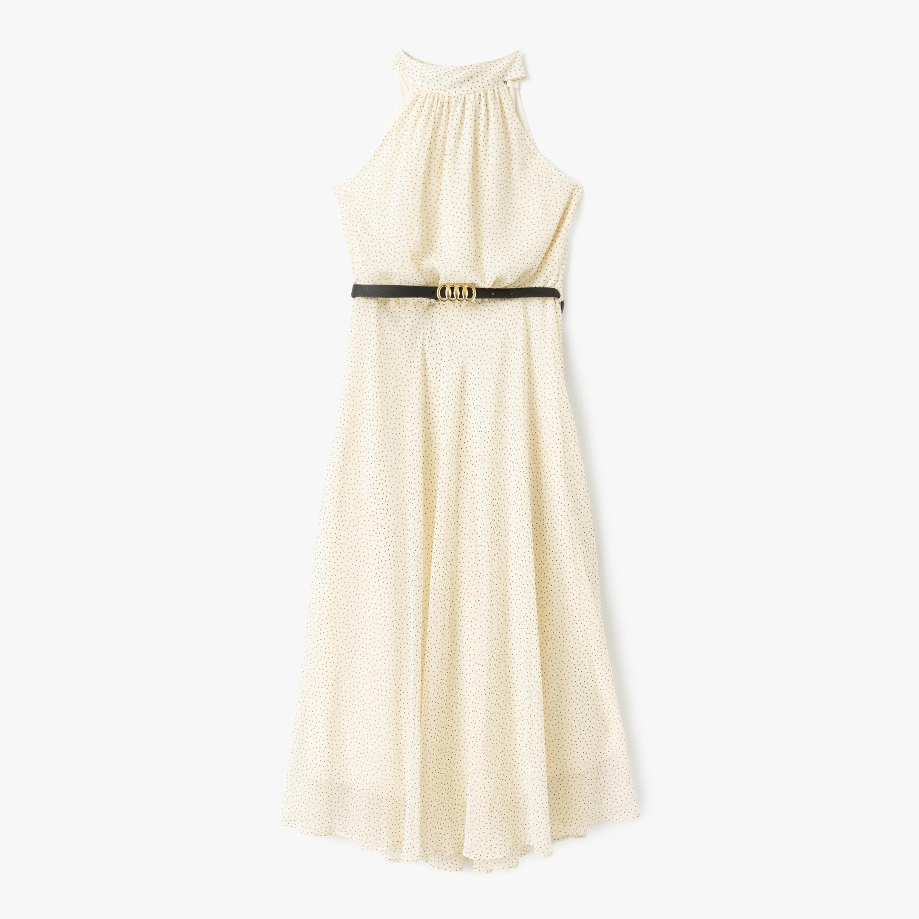 فستان نسائي ميدي بحزام برقبة منقطة بلون Koton Cream Polka Dot-women-clothing-dresses-image-2