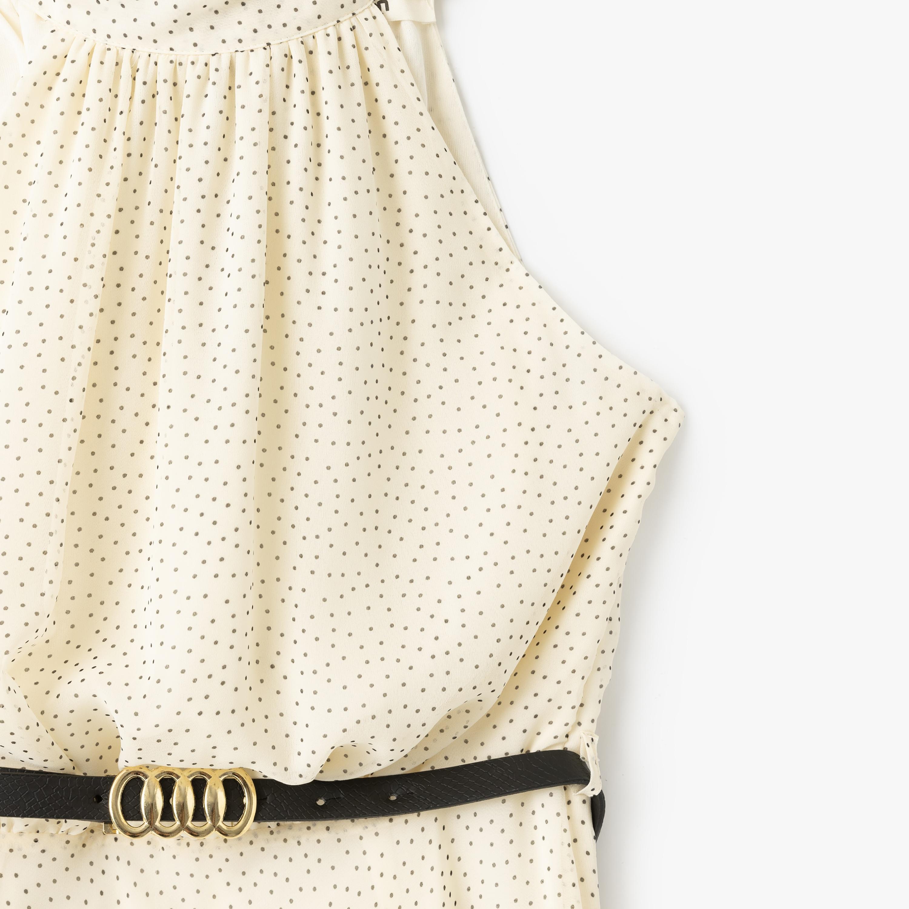 فستان نسائي ميدي بحزام برقبة منقطة بلون Koton Cream Polka Dot-women-clothing-dresses-image-4