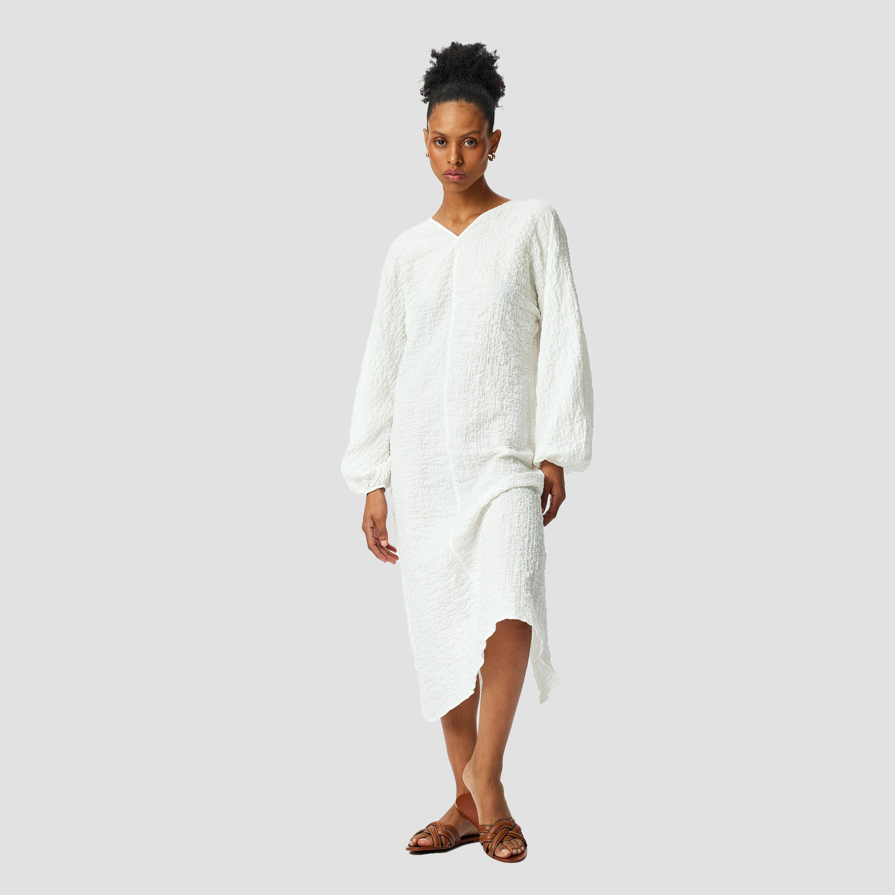 فستان نسائي ميدي بأكمام بالونية بنسيج كوتون الأبيض المشقوق-women-clothing-dresses-image-1