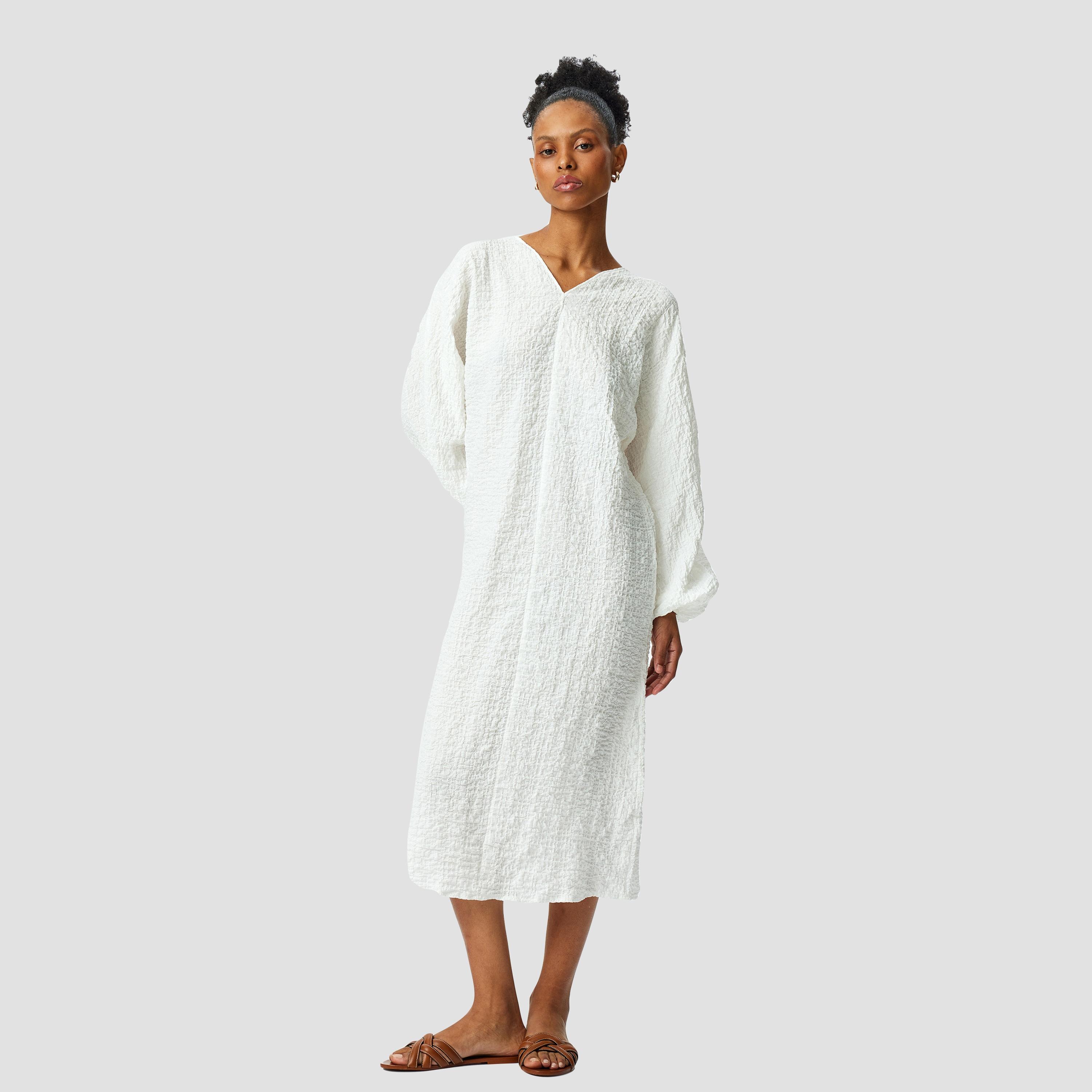 فستان نسائي ميدي بأكمام بالونية بنسيج كوتون الأبيض المشقوق-women-clothing-dresses-image-2