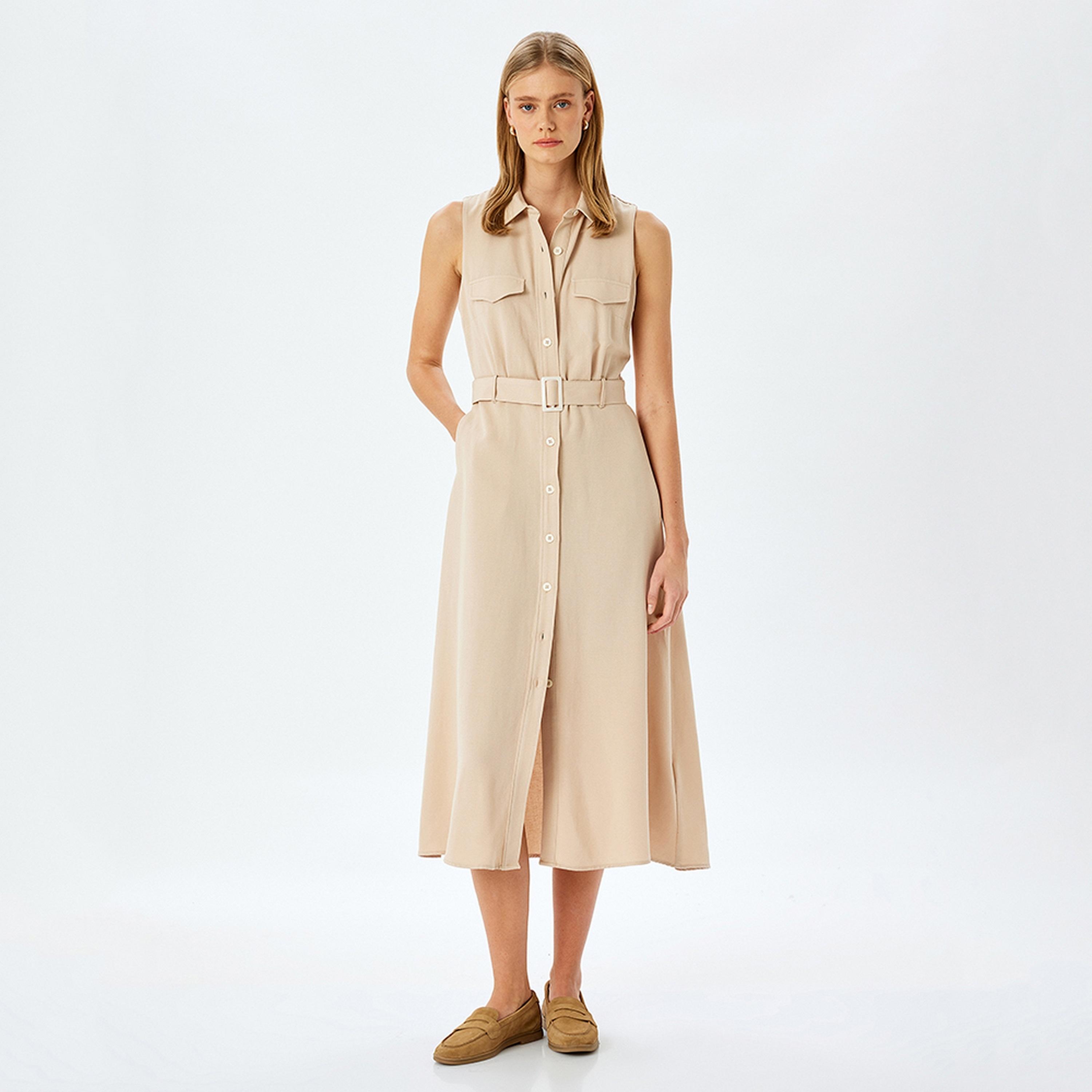 فستان ميدي نسائي بقصة قميص وياقة باللون البيج مع حزام من كوتون.-women-clothing-dresses-image-1
