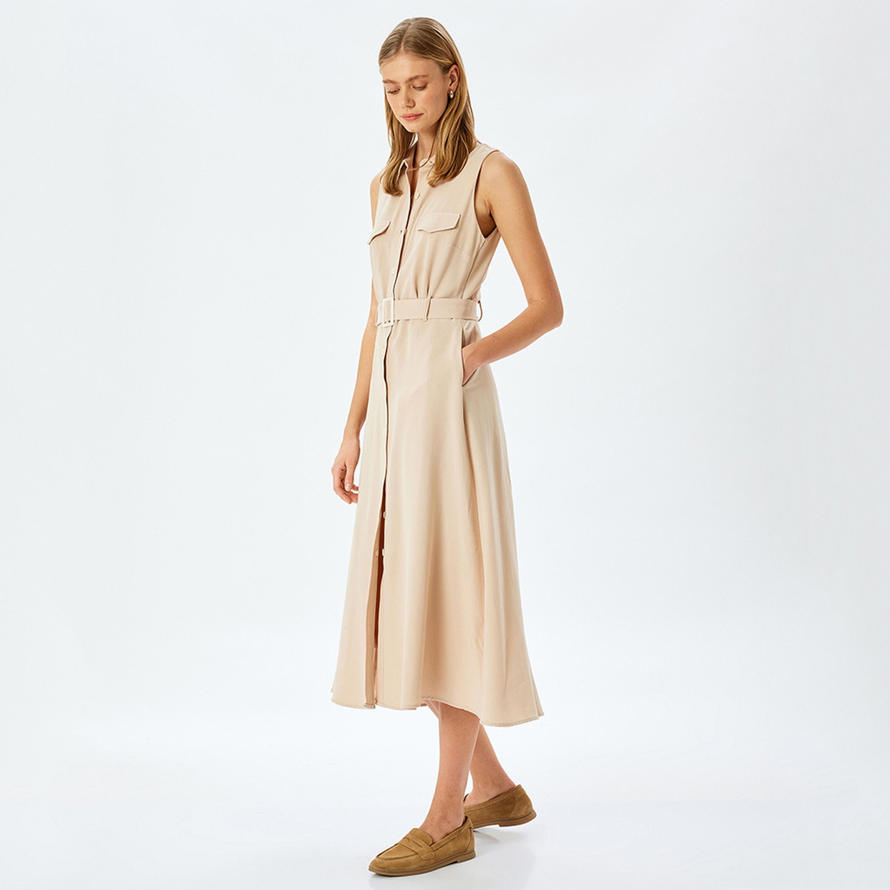 فستان ميدي نسائي بقصة قميص وياقة باللون البيج مع حزام من كوتون.-women-clothing-dresses-image-2