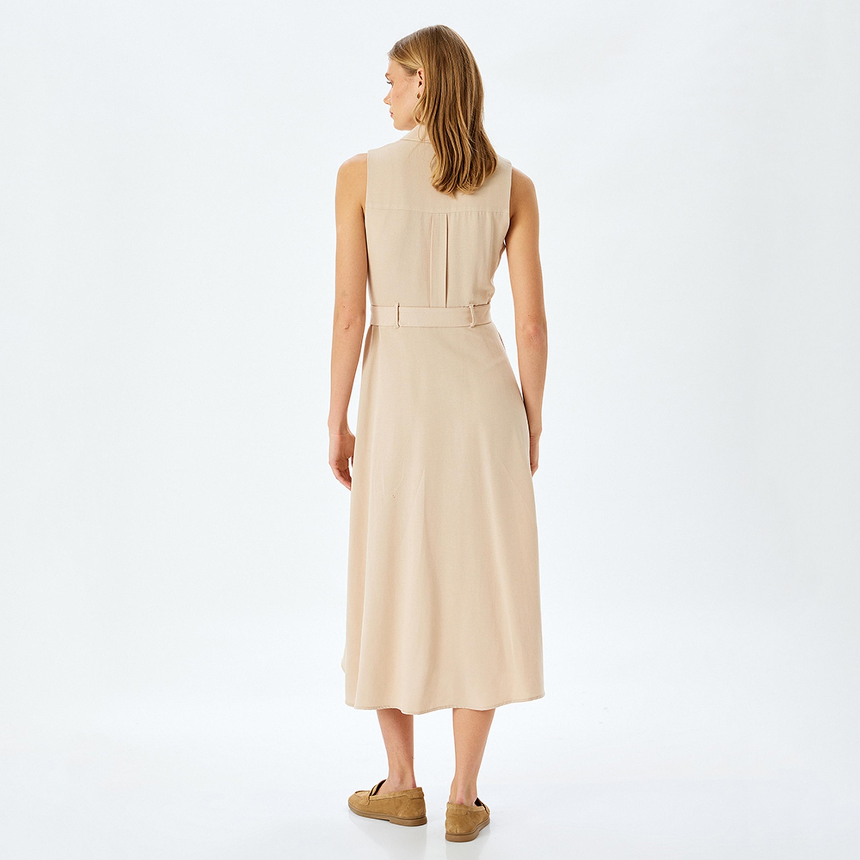 فستان ميدي نسائي بقصة قميص وياقة باللون البيج مع حزام من كوتون.-women-clothing-dresses-image-3