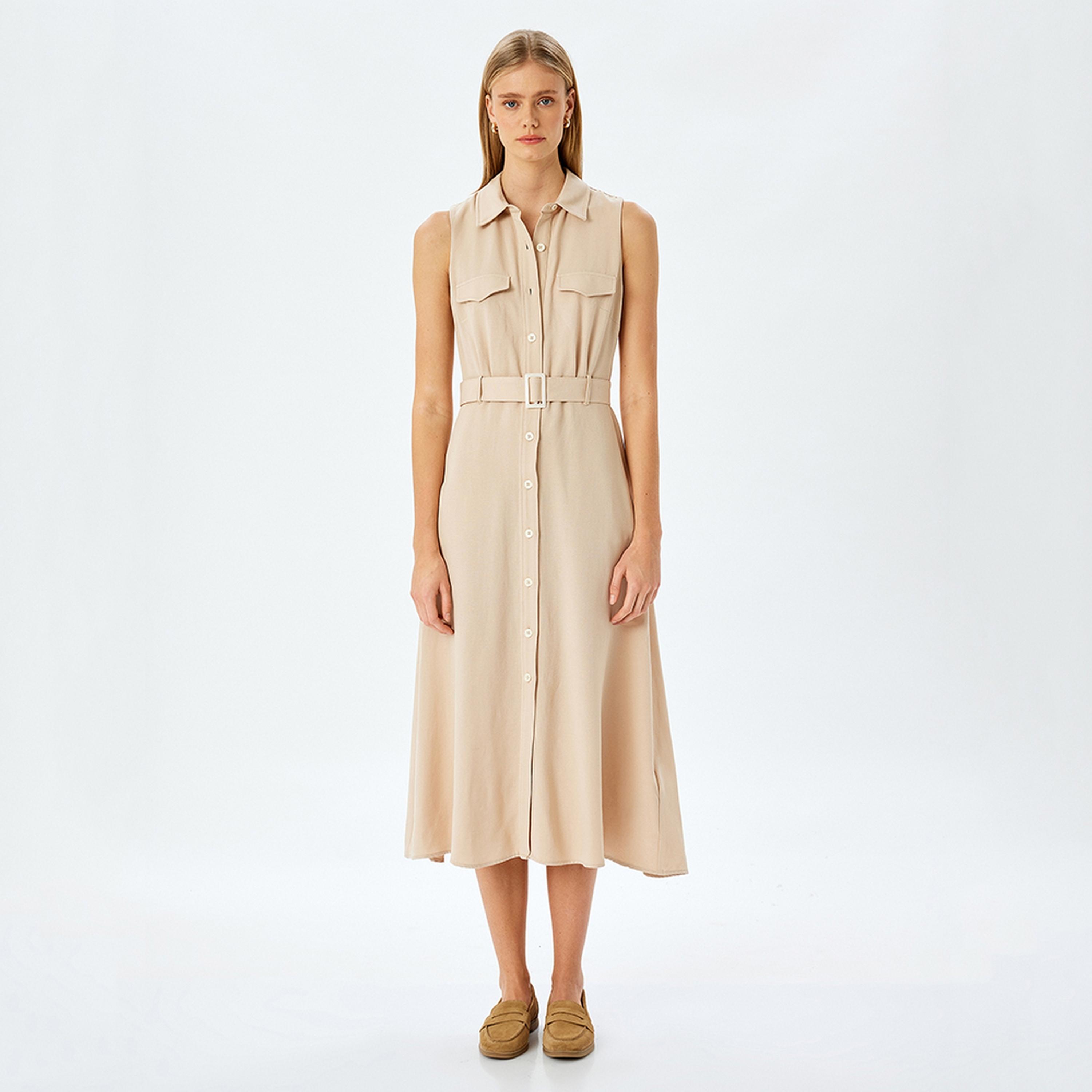 فستان ميدي نسائي بقصة قميص وياقة باللون البيج مع حزام من كوتون.-women-clothing-dresses-image-4