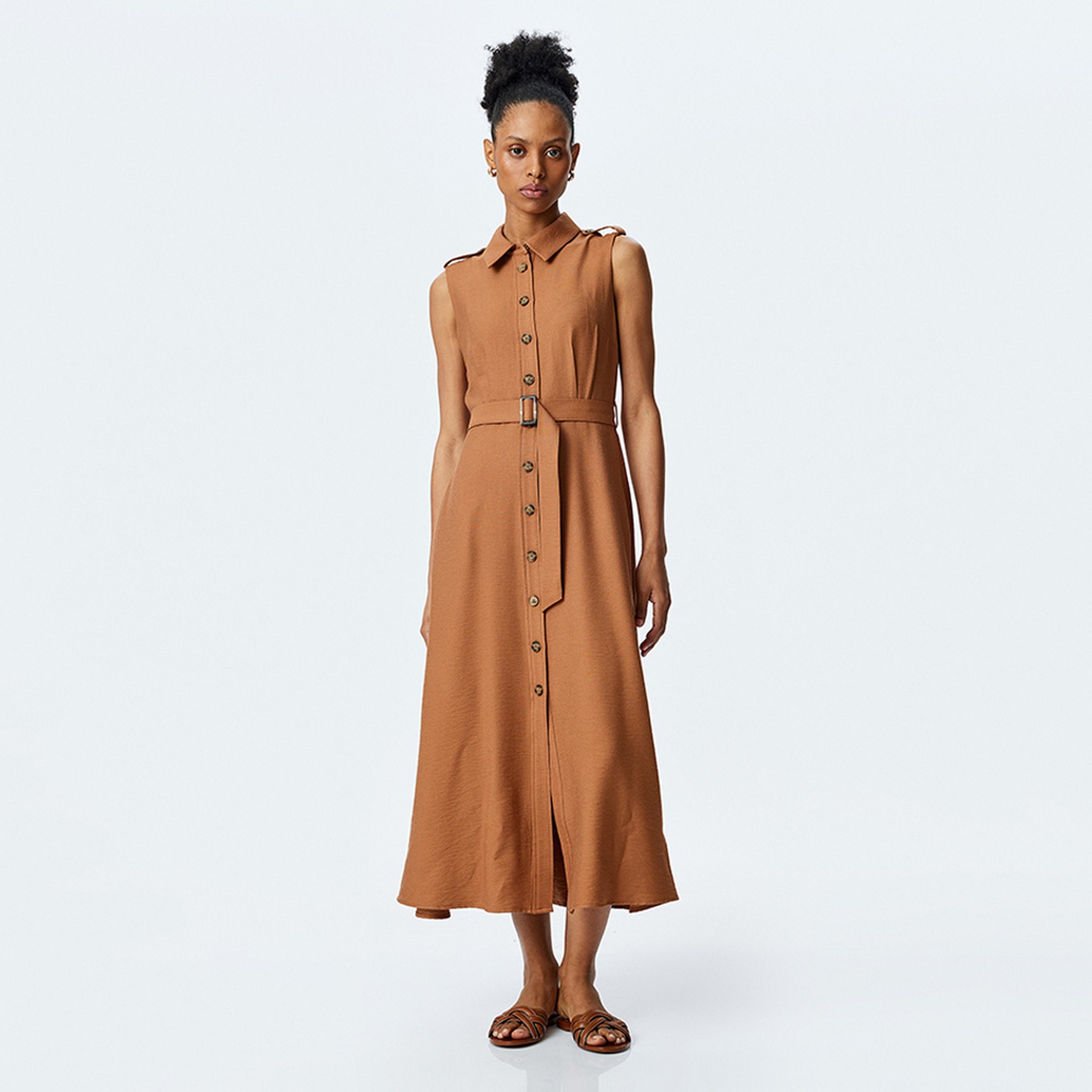 KOTON Brown Collared Shirt Women's Midi Dress-women-clothing-dresses-image-1
