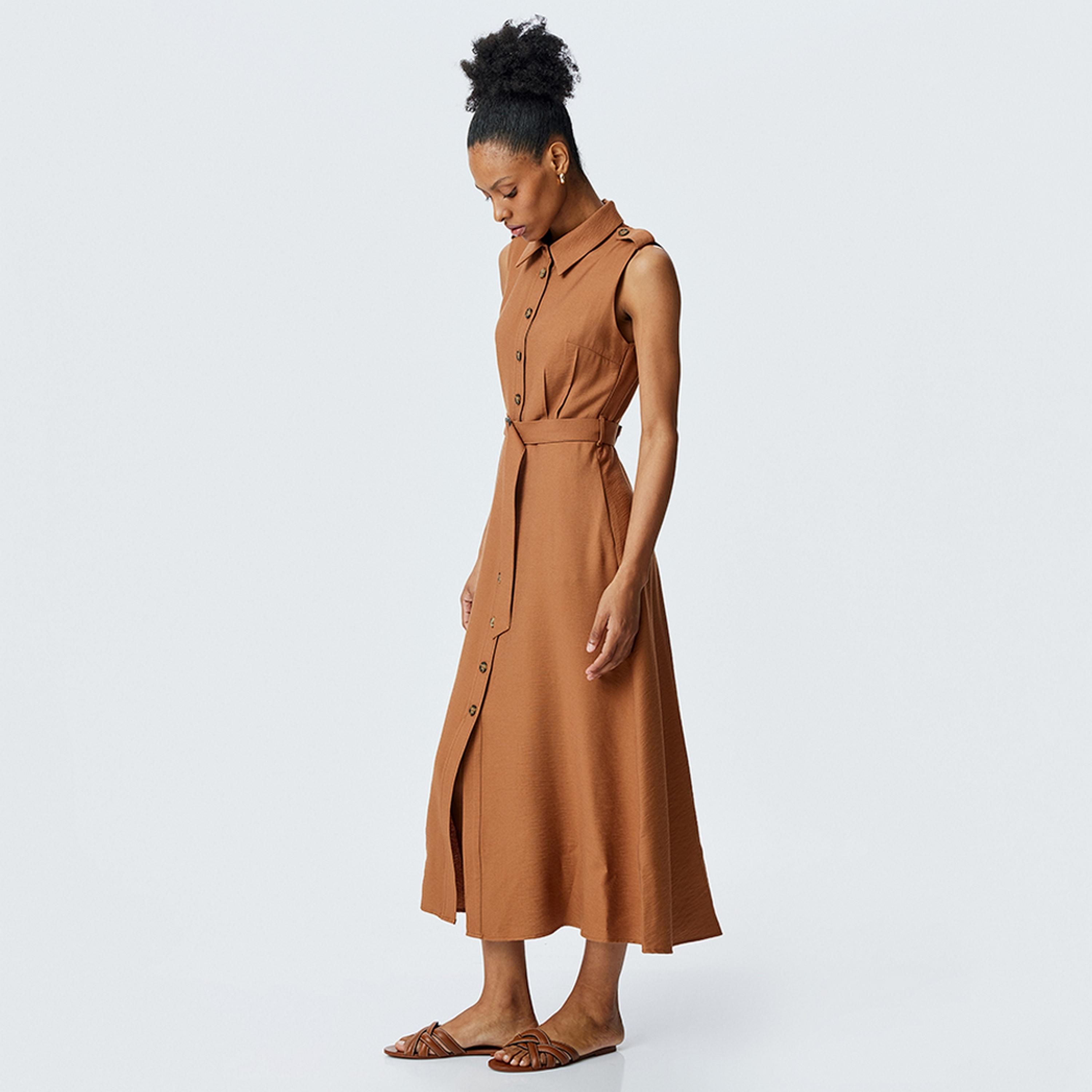 KOTON Brown Collared Shirt Women's Midi Dress-women-clothing-dresses-image-2