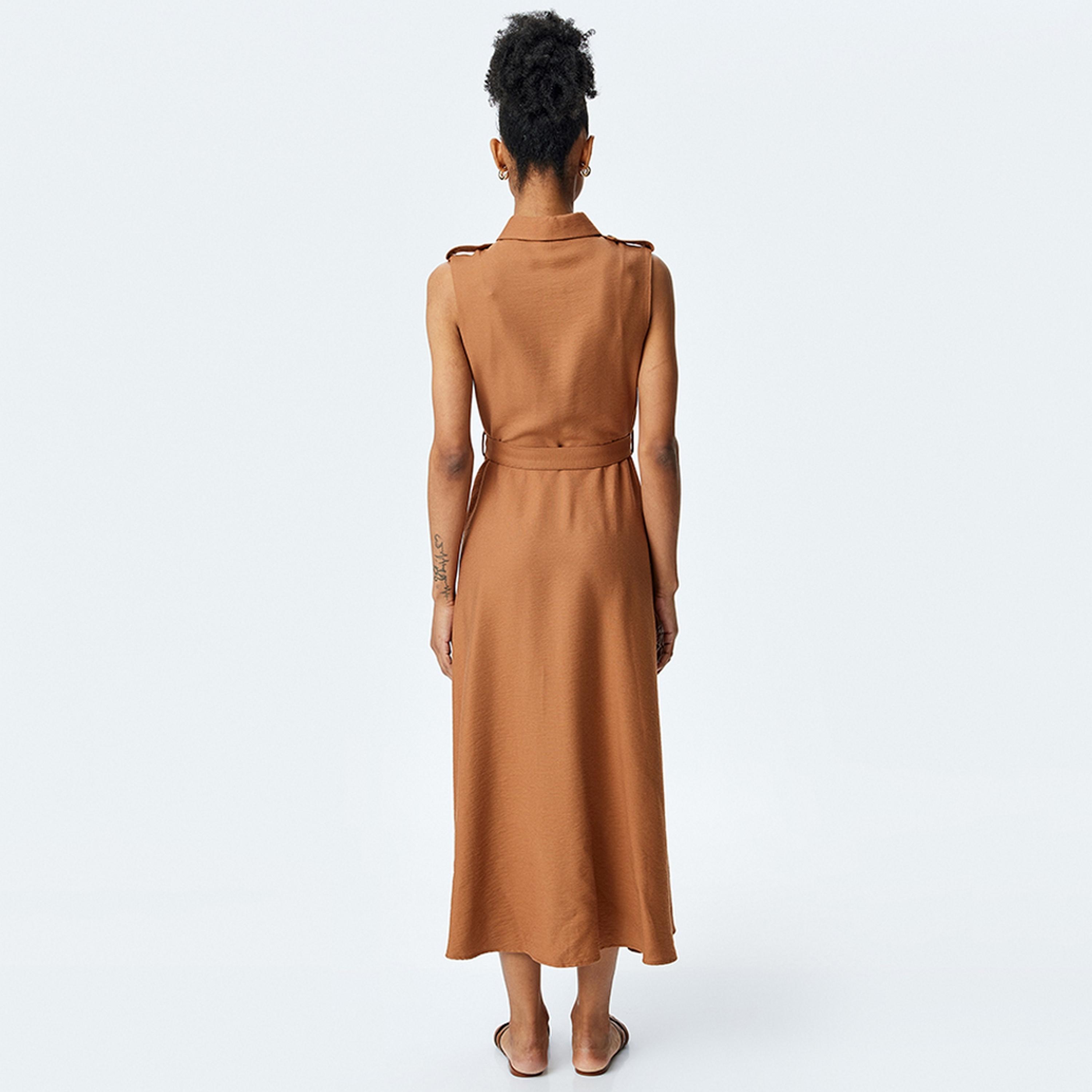 KOTON Brown Collared Shirt Women's Midi Dress-women-clothing-dresses-image-3