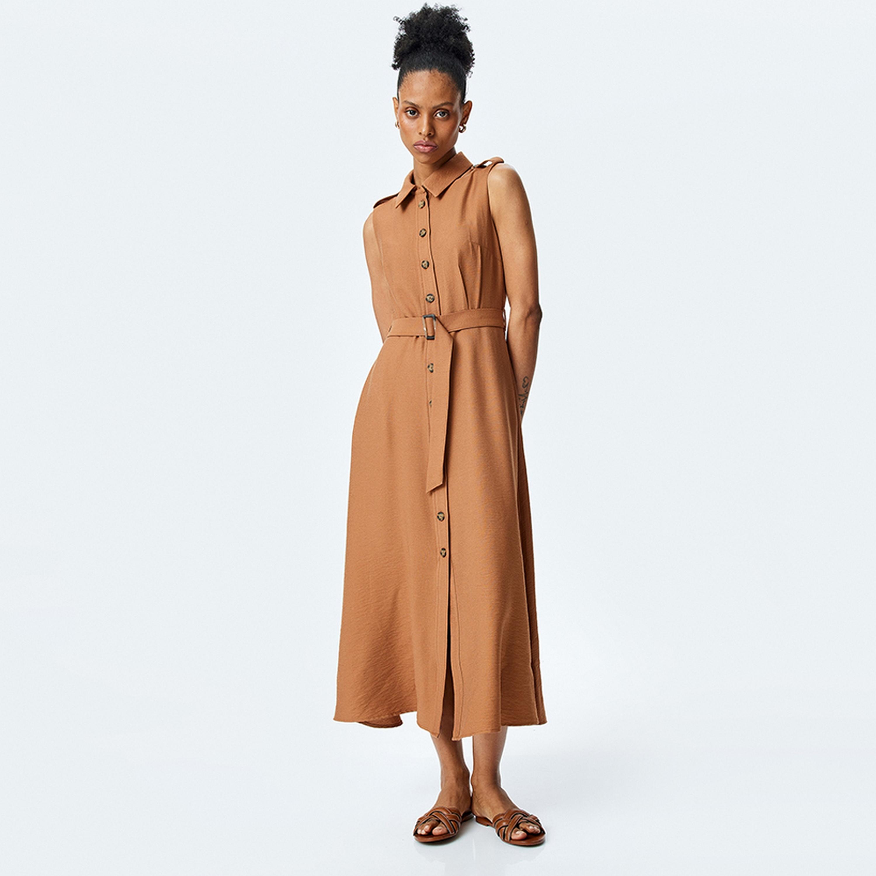 KOTON Brown Collared Shirt Women's Midi Dress-women-clothing-dresses-image-4