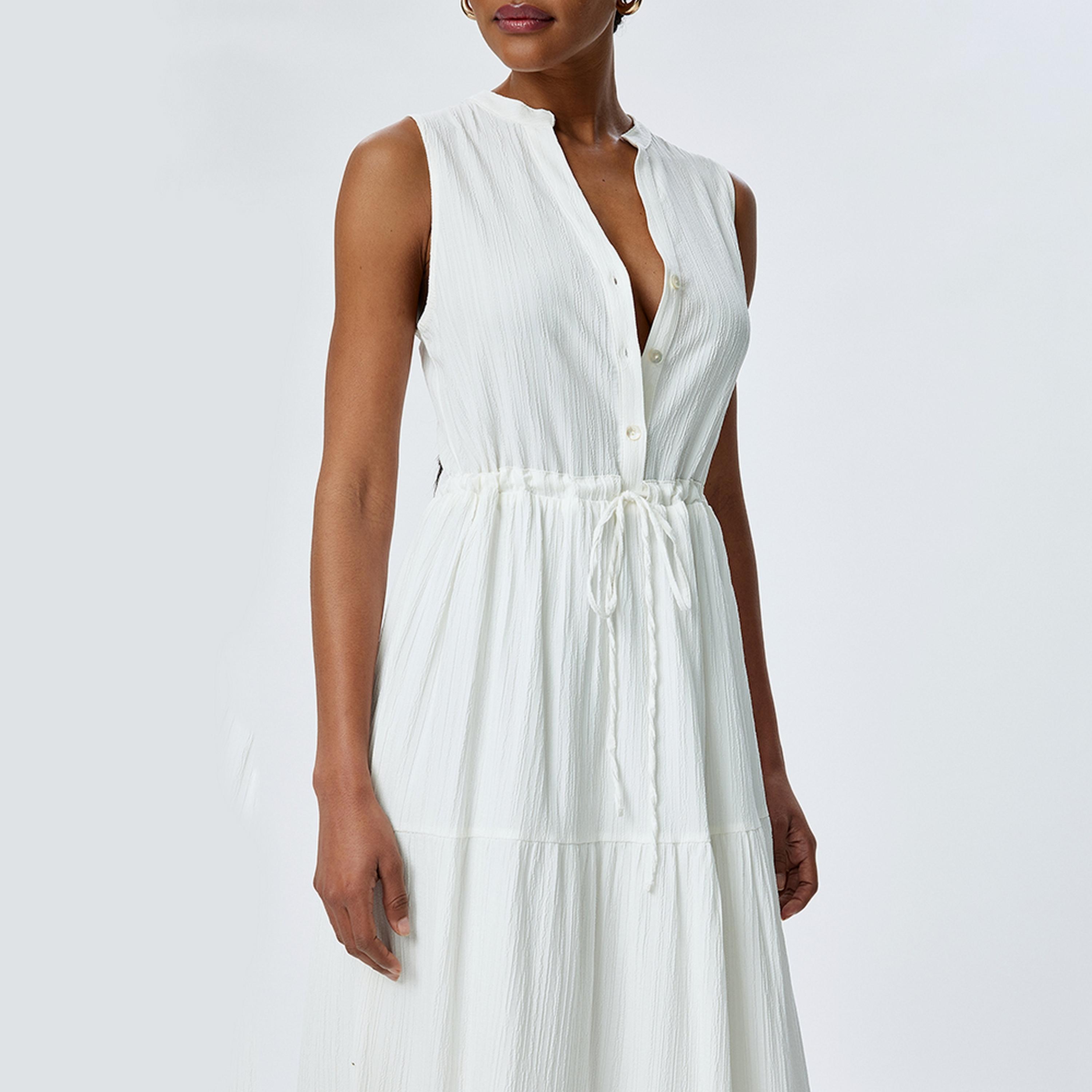 فستان ميدي نسائي بياقة الماندرين وتصميم محكم وطبقات باللون الأبيض من كوتون.-women-clothing-dresses-image-5