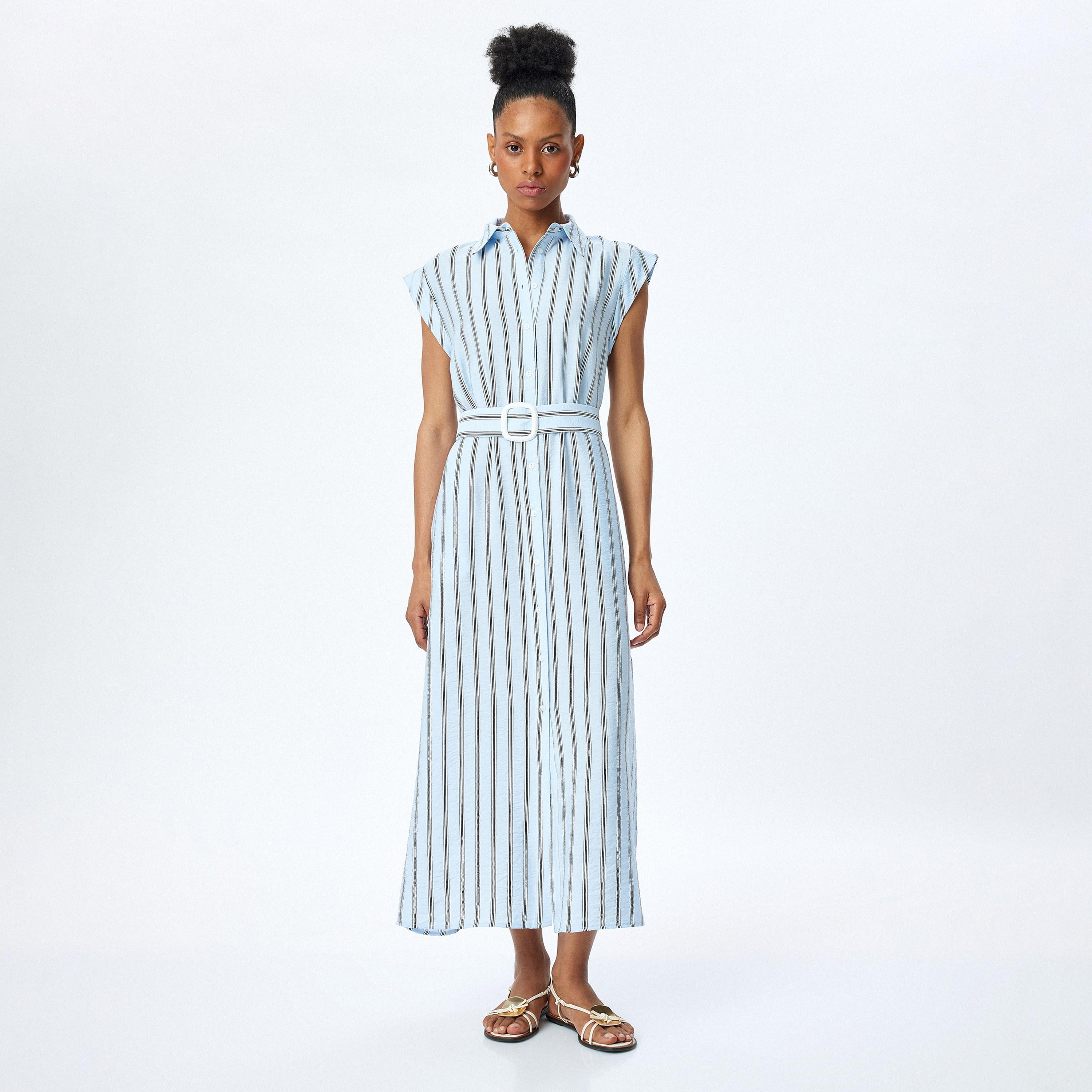 كوتون الأزرق المخطط، القبعة، الأكمام القميص النسائي فستان ميدي-women-clothing-dresses-image-1