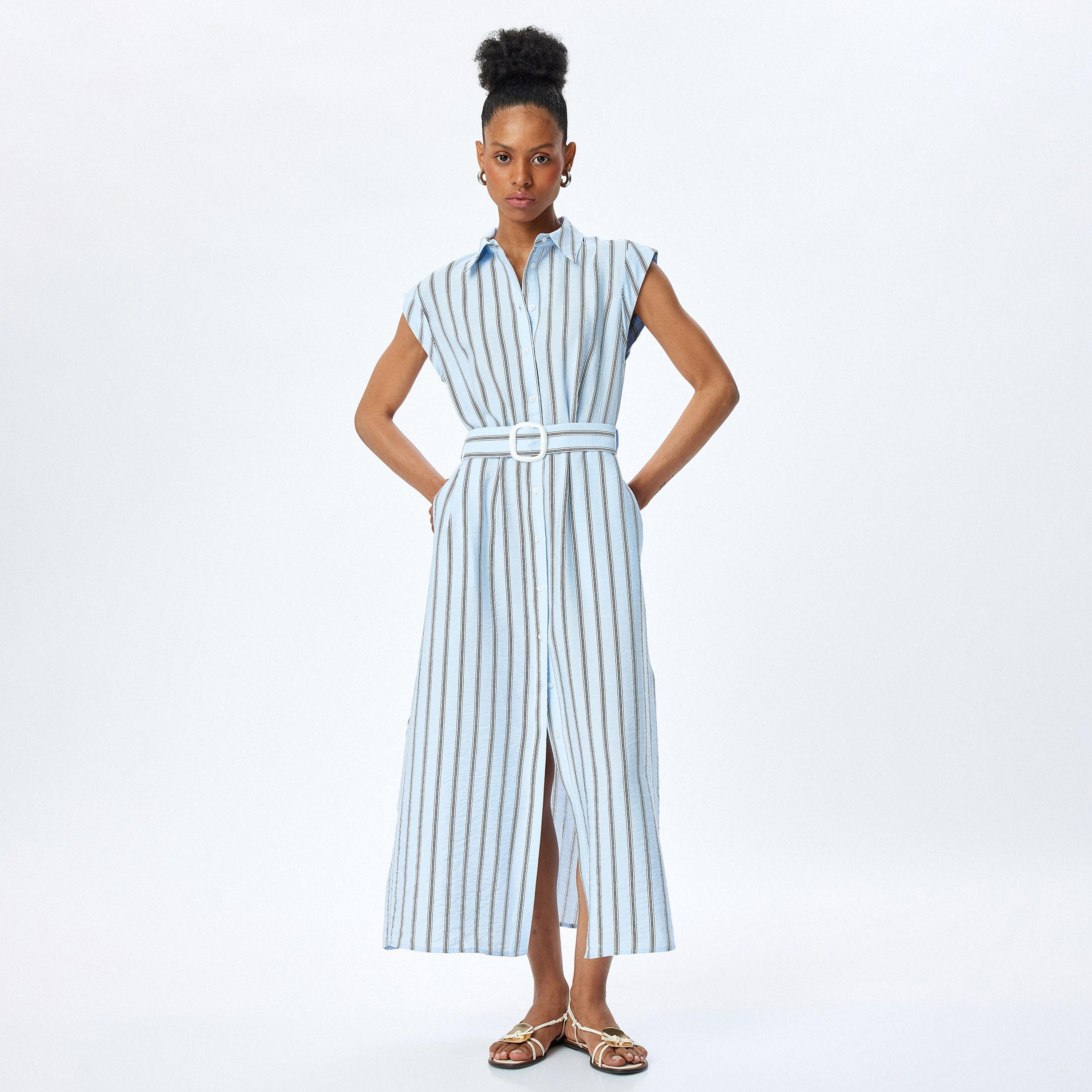 كوتون الأزرق المخطط، القبعة، الأكمام القميص النسائي فستان ميدي-women-clothing-dresses-image-2