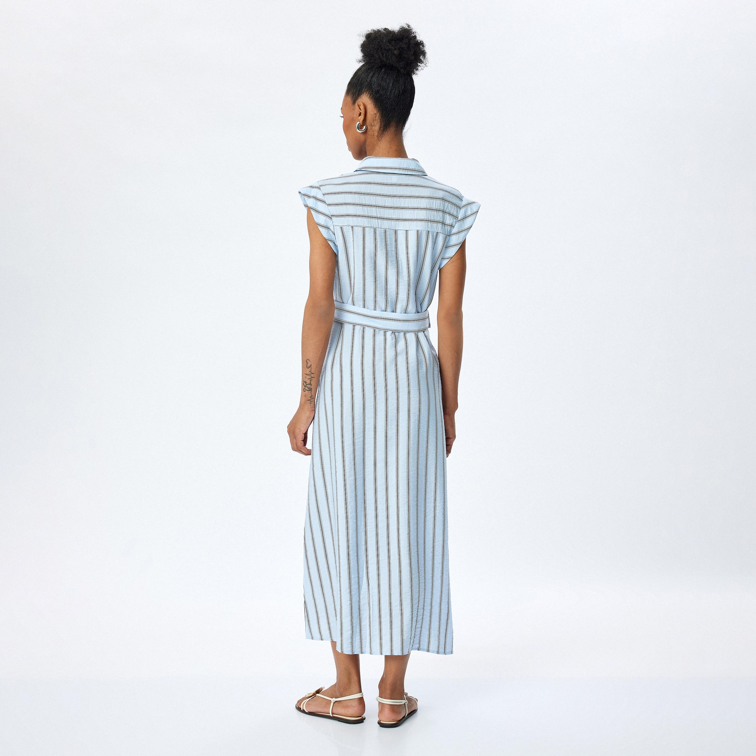 كوتون الأزرق المخطط، القبعة، الأكمام القميص النسائي فستان ميدي-women-clothing-dresses-image-3