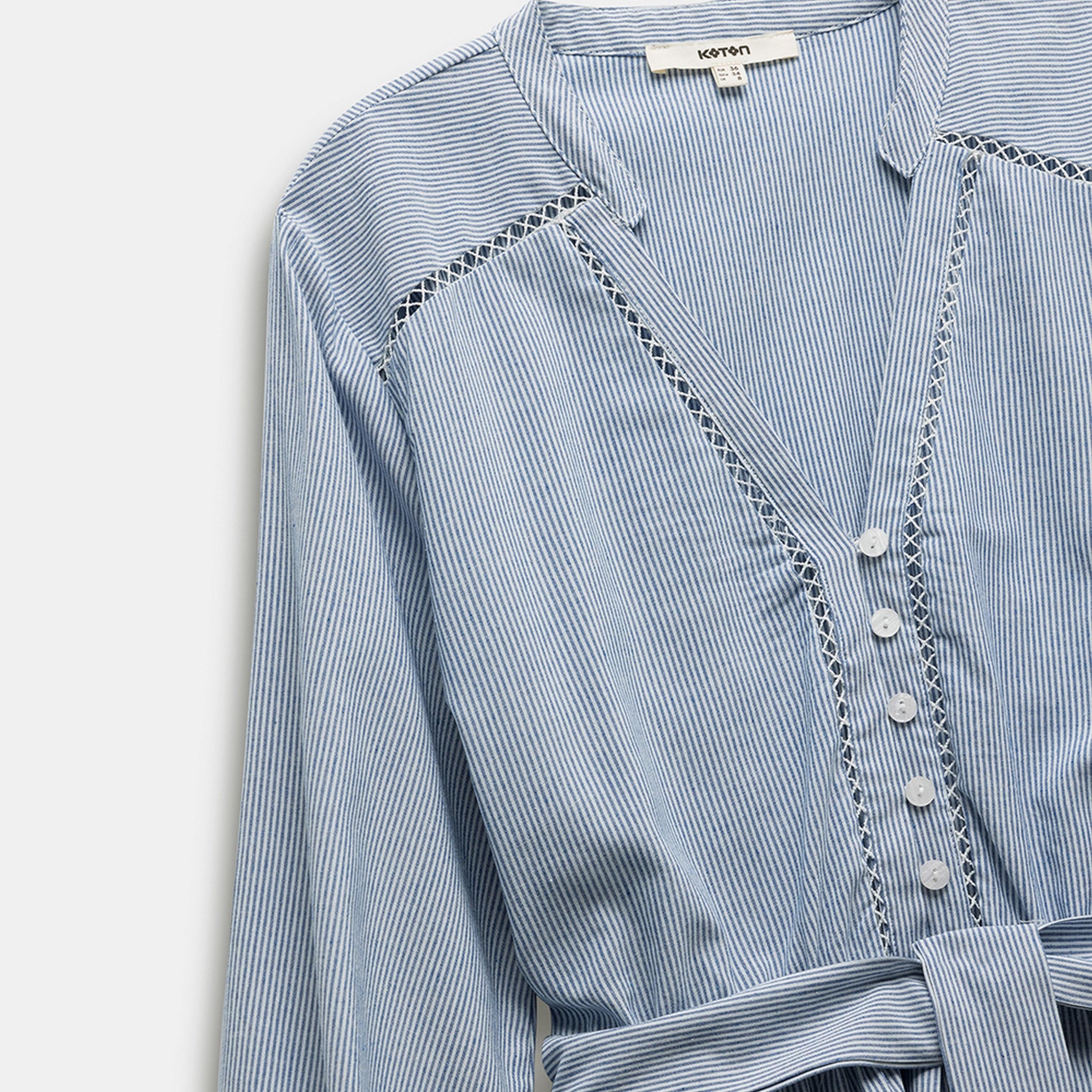 KOTON Blue Striped Mandarin Collar Women's Mini Dress With Belt-women-clothing-dresses-image-3