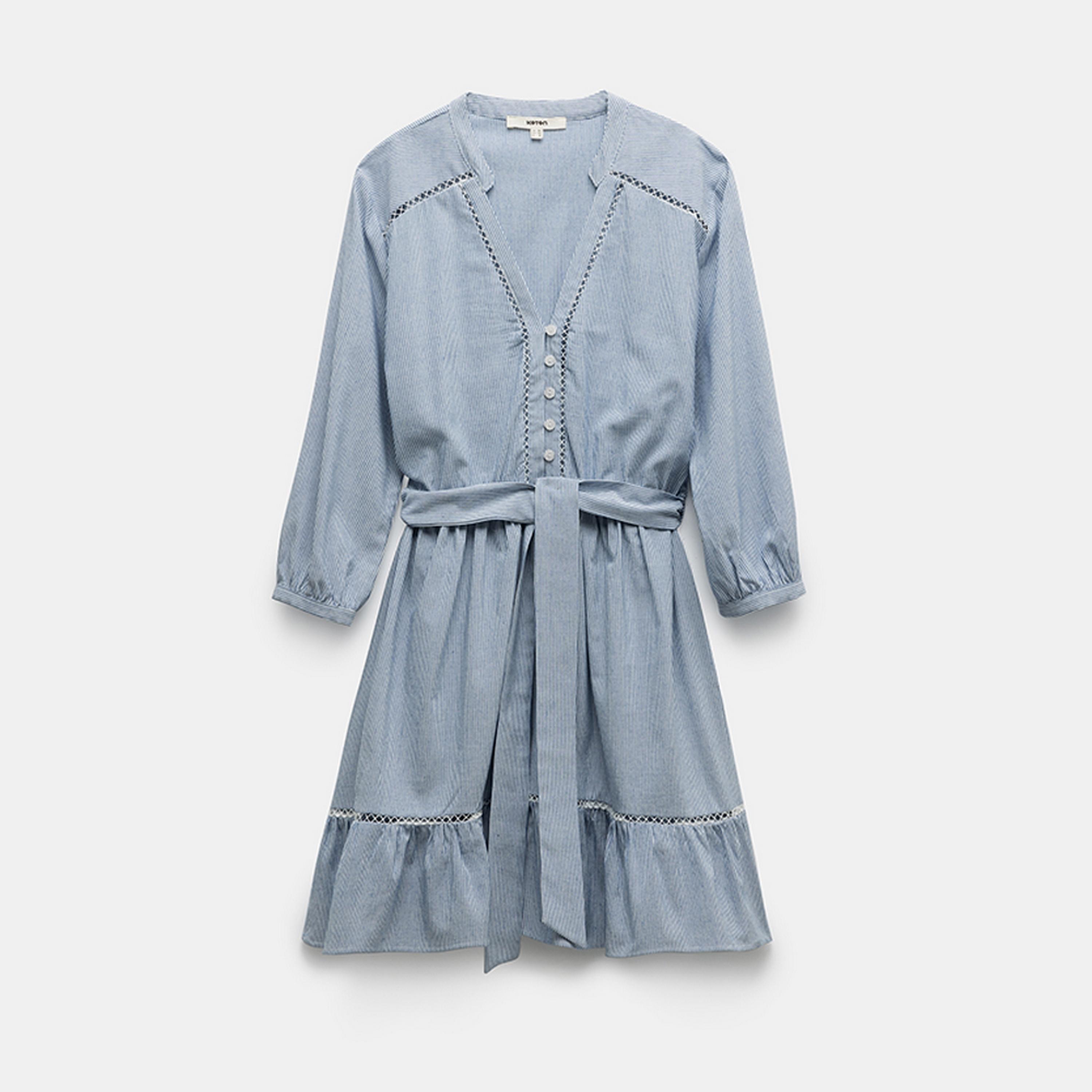 KOTON Blue Striped Mandarin Collar Women's Mini Dress With Belt-women-clothing-dresses-image-4